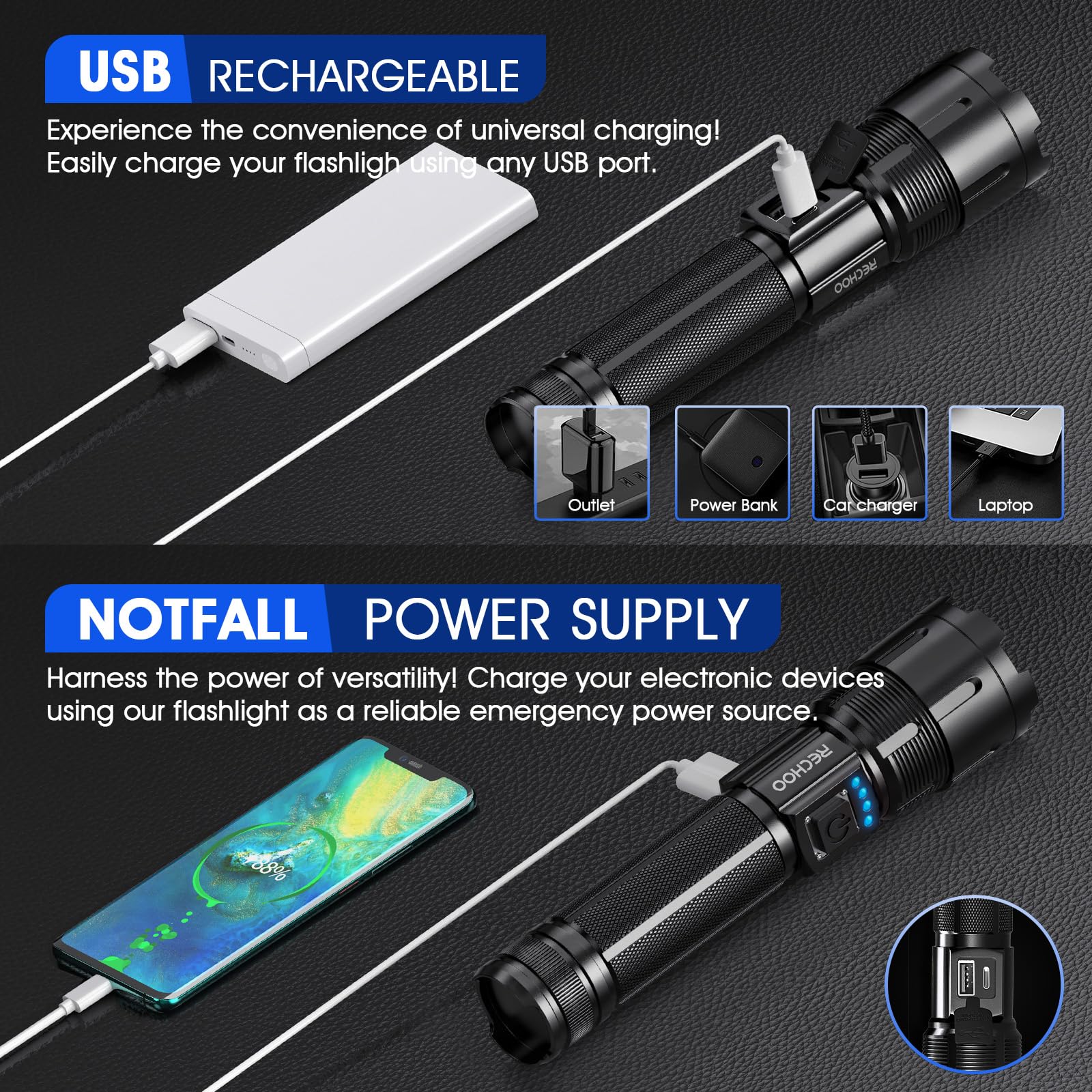 RECHOO Tactical Flashlight, 10000 Lumens, LED, Zoomable, IP65 Waterproof, Aluminum, Black, Model SR5000, 1 Pack