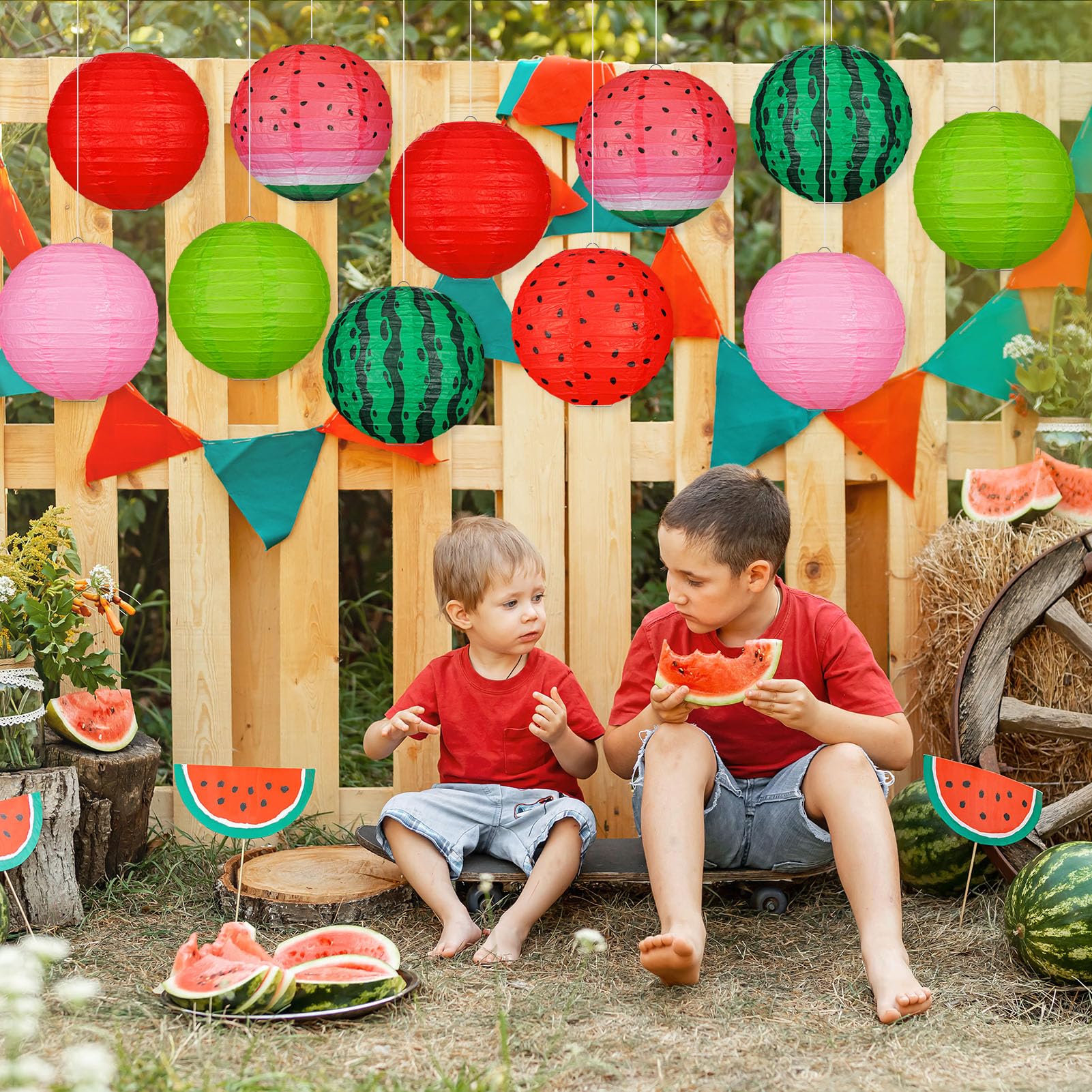 Panelee 12 Pcs Watermelon Paper Lanterns Party Decorations 8 Inch Hanging Round Paper Lanterns For Holiday Indoor Outdoor Party