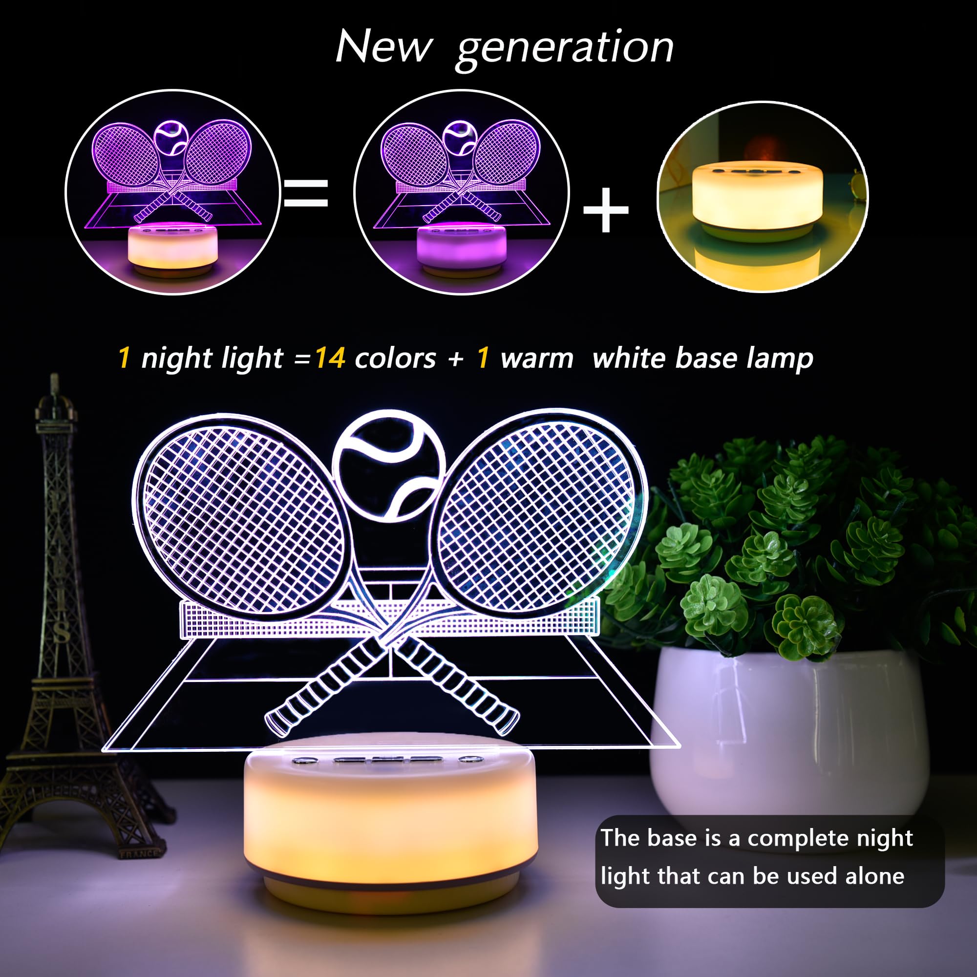 Childrenlive Tennis Gifts Night Light 3D Illusion Led Lamp14 Colors Bedroom Sports Decor Lamp with Remote Control/Buttons +Timer
