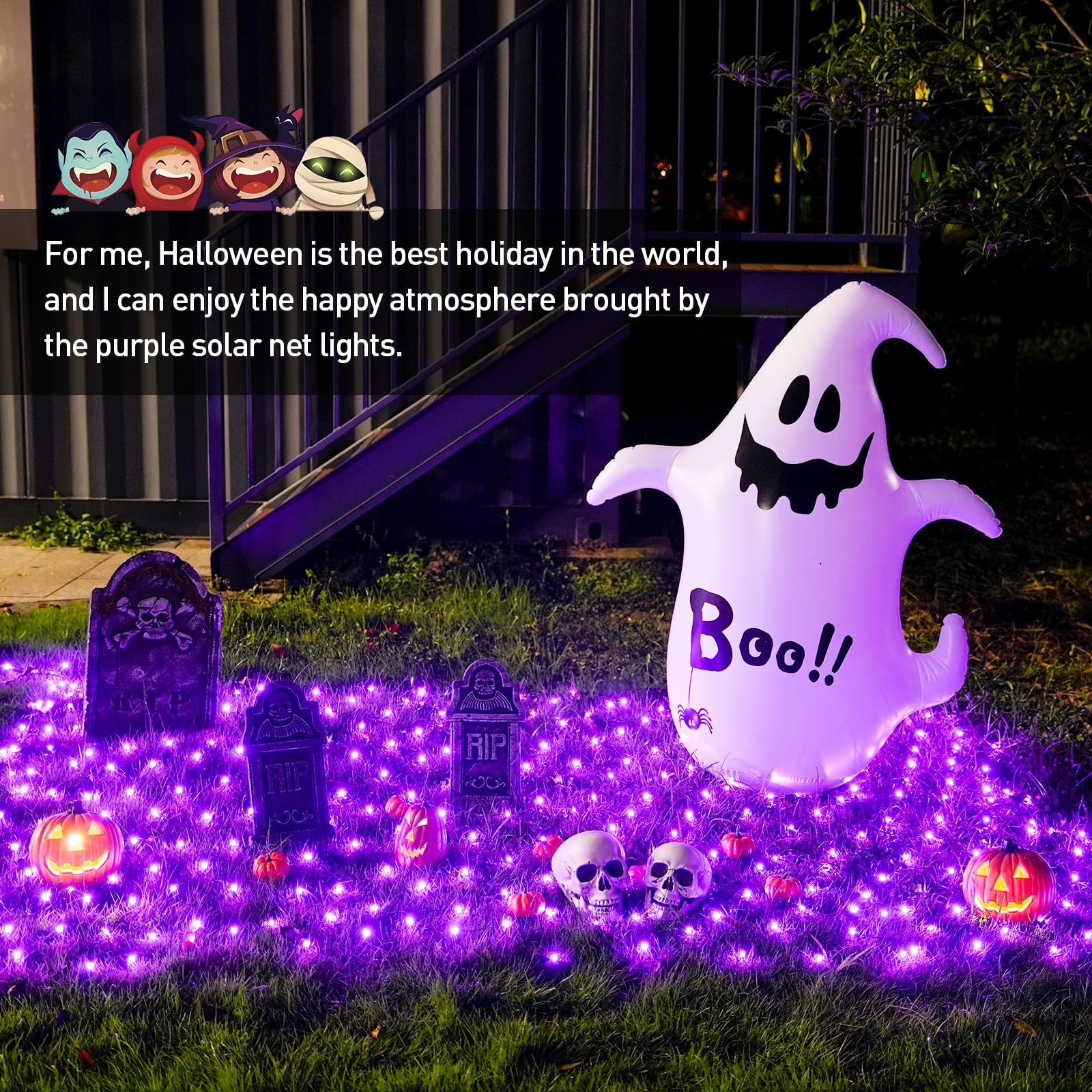 JMEXSUSS Purple Solar Net Lights, 320 LED, 9.8ft x 6.6ft, Waterproof, 8 Modes Remote for Halloween Decorations