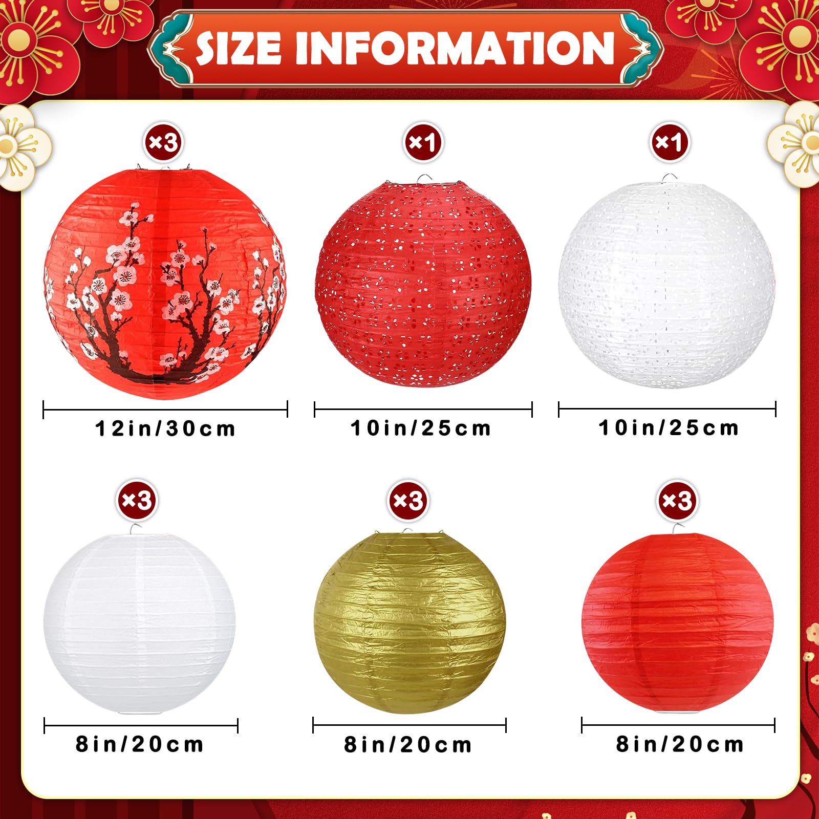 14Pcs Chinese Japanese Paper Lantern Assorted Sizes (8'' 10'' 12'') Hanging Plum Blossom Red White Gold Chinese Lanterns For Chi