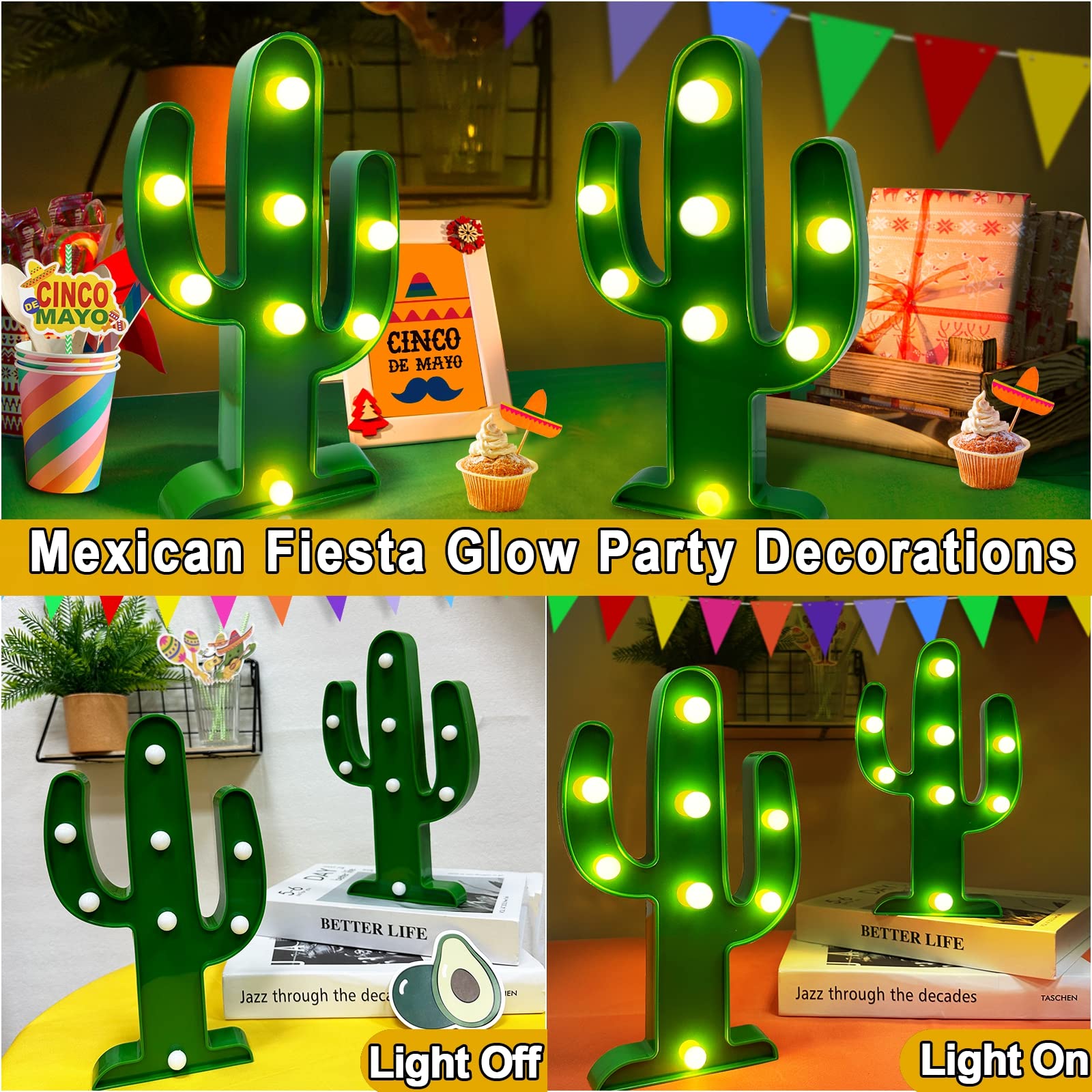 [ Extra Large & 2 Pack ] Cactus Light Mexican Party Decorations Total 16 Led 10 Inch Cactus Decor Fiesta Cinco De Mayo Decor Cute Night Lamp For Table Kids' Room Bedroom Living Room Gift Party