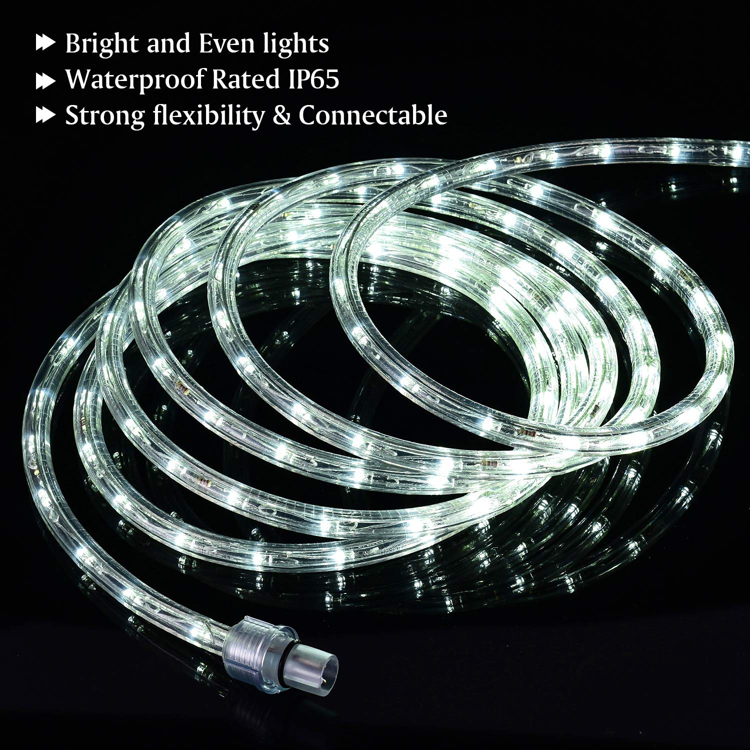 Ollrieu 50Ft 360 Led Rope Lights, 110V Daylight White 6000K, Waterproof Classic Clear Rope, Indoor/Outdoor, Patio, Flexible, Linkable, Durable