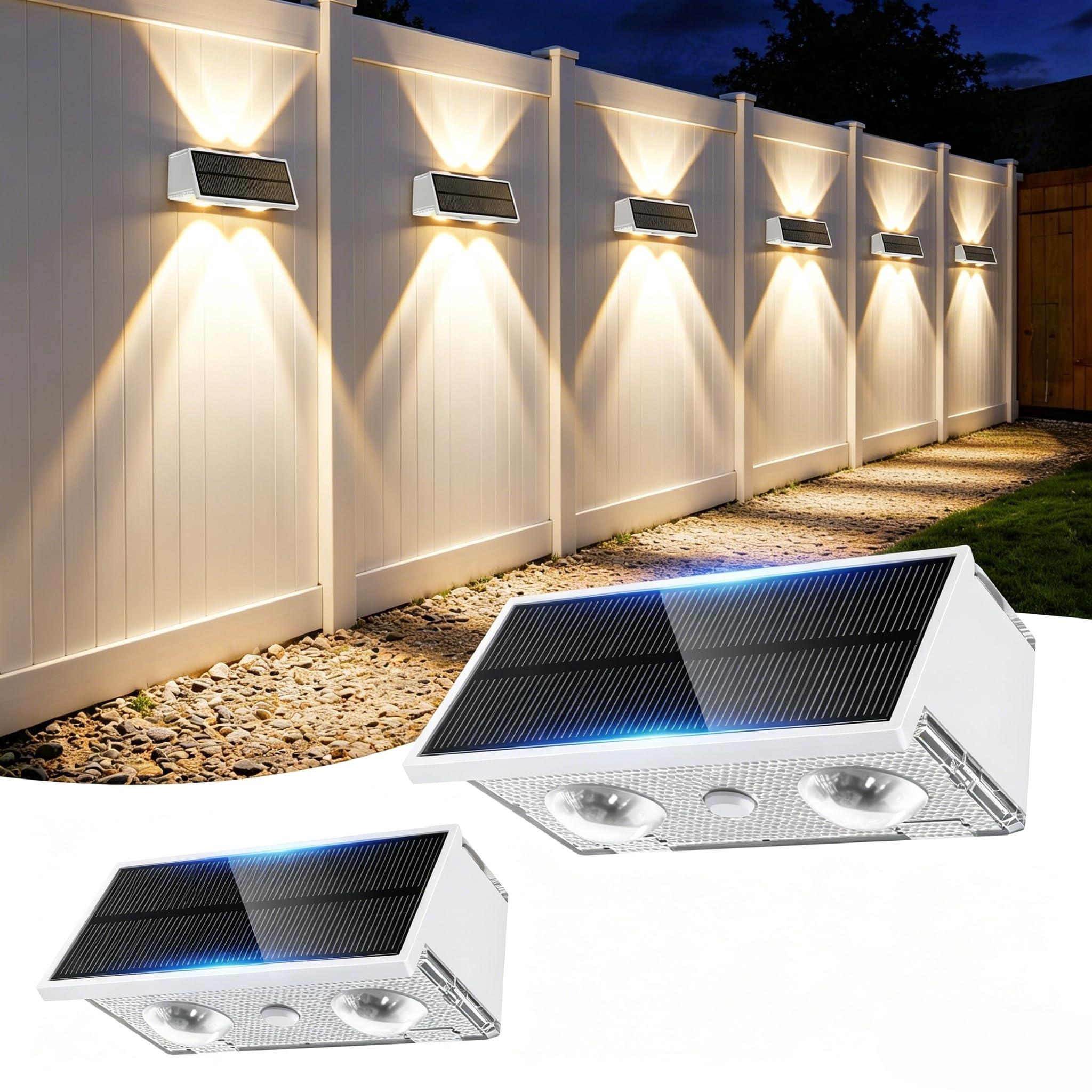 Toeuie Solar Fence Lights Outdoor, 2 Pack 100LM Fence Lights Solar Powered, 9 Color Modes, Up and Down LED Focused Beam, 12H Dus
