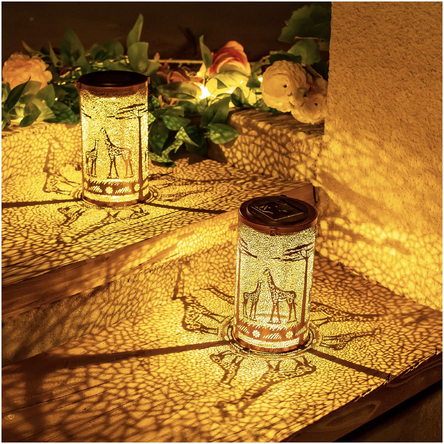 EZTZEN Giraffe Solar Lanterns - 2 Pack, Waterproof Metal Decorative Lights for Outdoor Garden, Brown, Model HW-DL-044-2pack