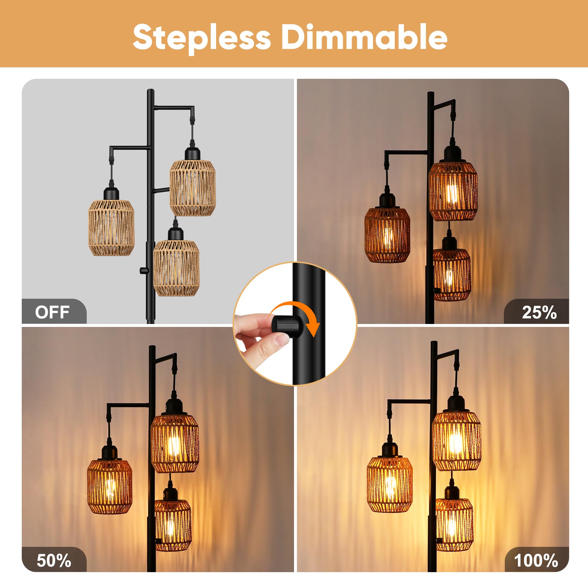 ROTTOGOON Dimmable Floor Lamp - 3 Light Rattan Design, 68in, Black/Brown Shades, Model ROFP107AB1