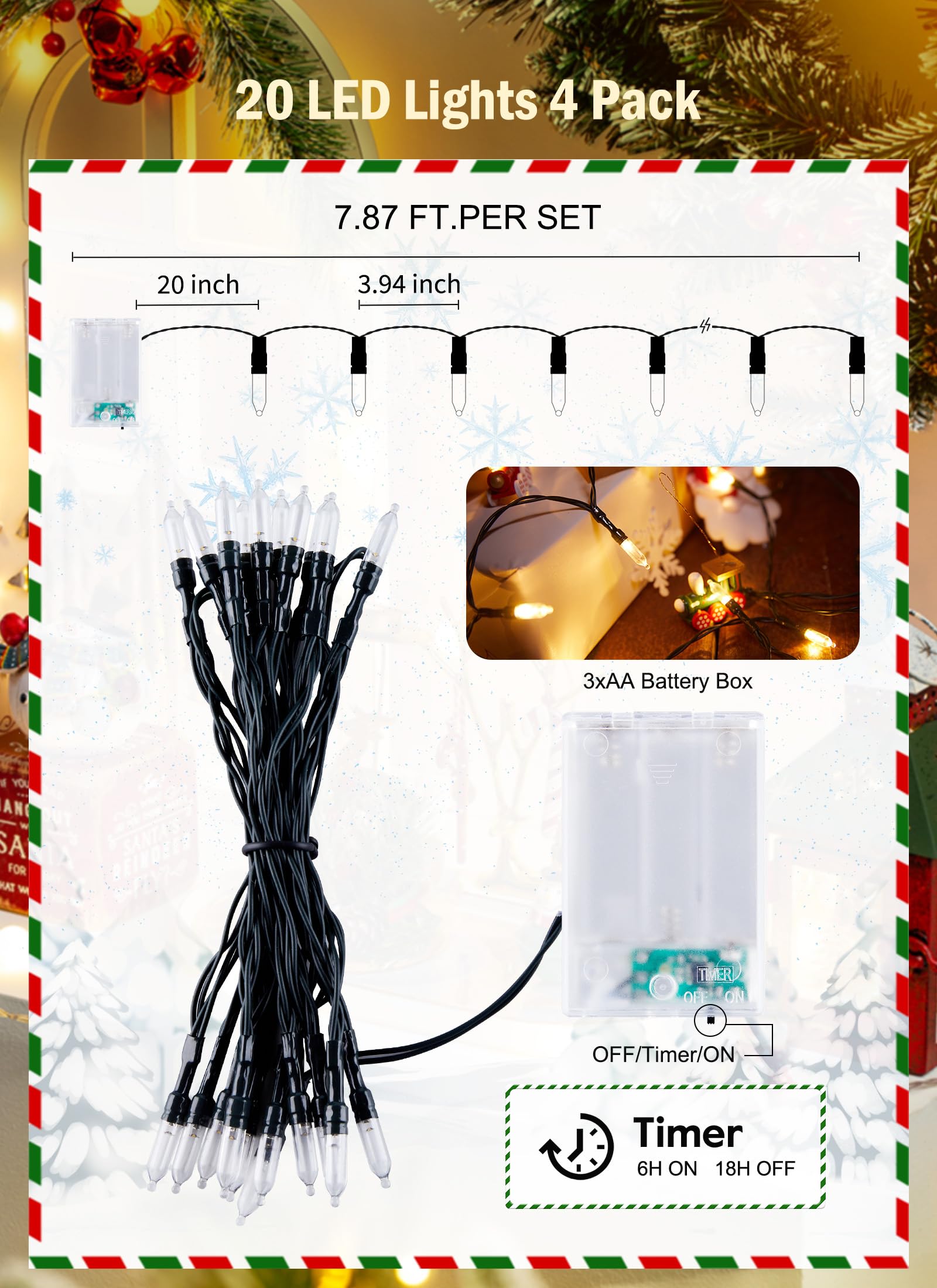 Brightown Battery Operated Christmas String Lights, 20 LED, 8ft, Warm White, 4 Pack, Model 3352aa11