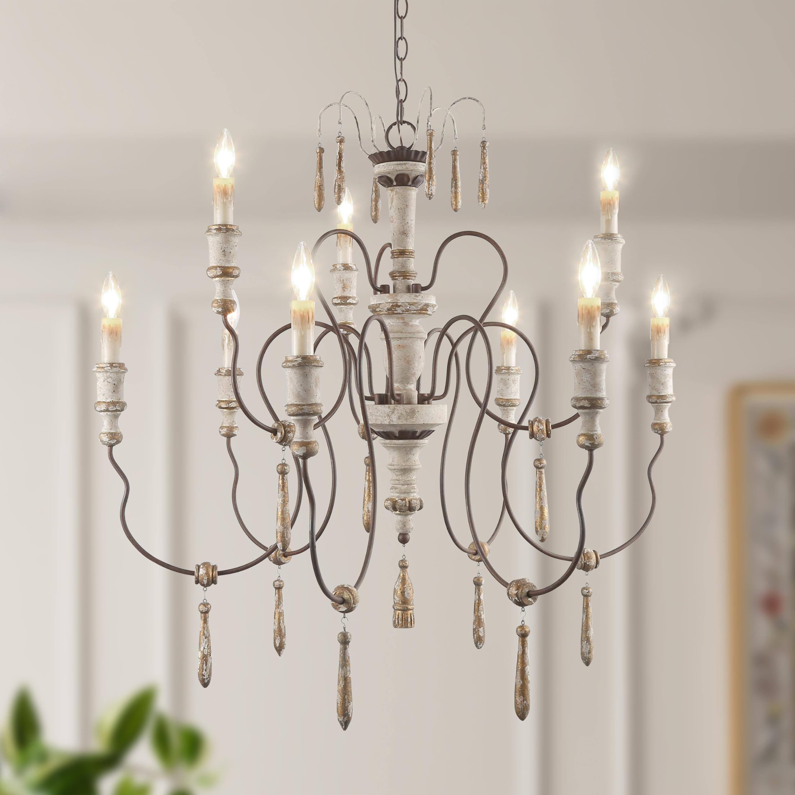 GEPOW 39'' Large Farmhouse French Country Chandelier, 9-Light Rustic Distressed Wood Candlestick Chandeliers Hanging Light Fixtu