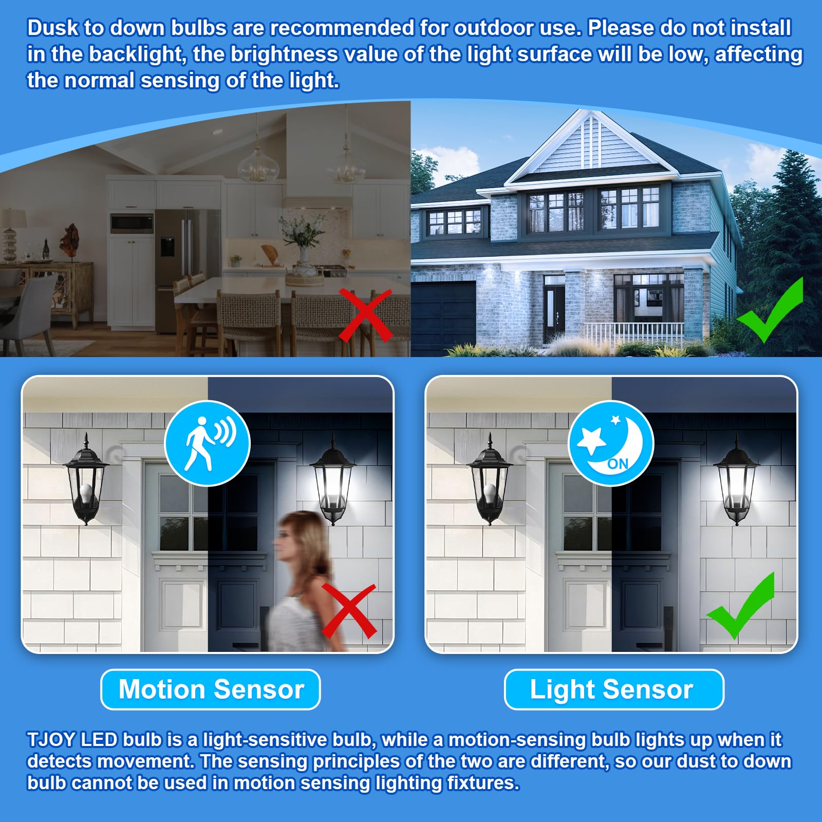 TJOY Dusk to Dawn LED Light Bulbs, 9W 5000K Daylight, E26 Base, 4 Pack, Energy Efficient Automatic On/Off Photocell for Outdoor Use