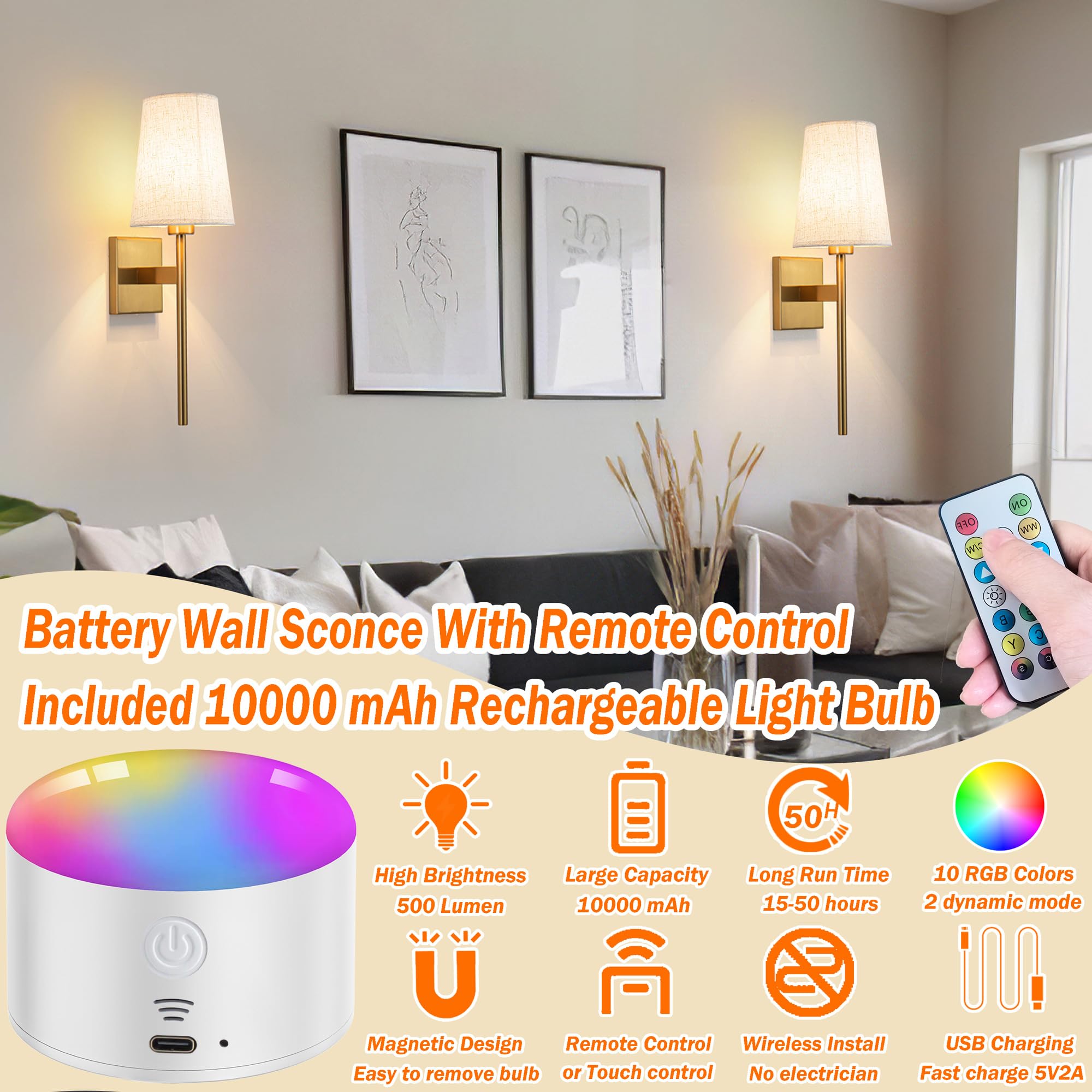 Battery Operated Wall Sconce Set Of Two, Wireless Wall Sconce Lighting With Remote Control, Indoor Dimmable Battery Operated Wal