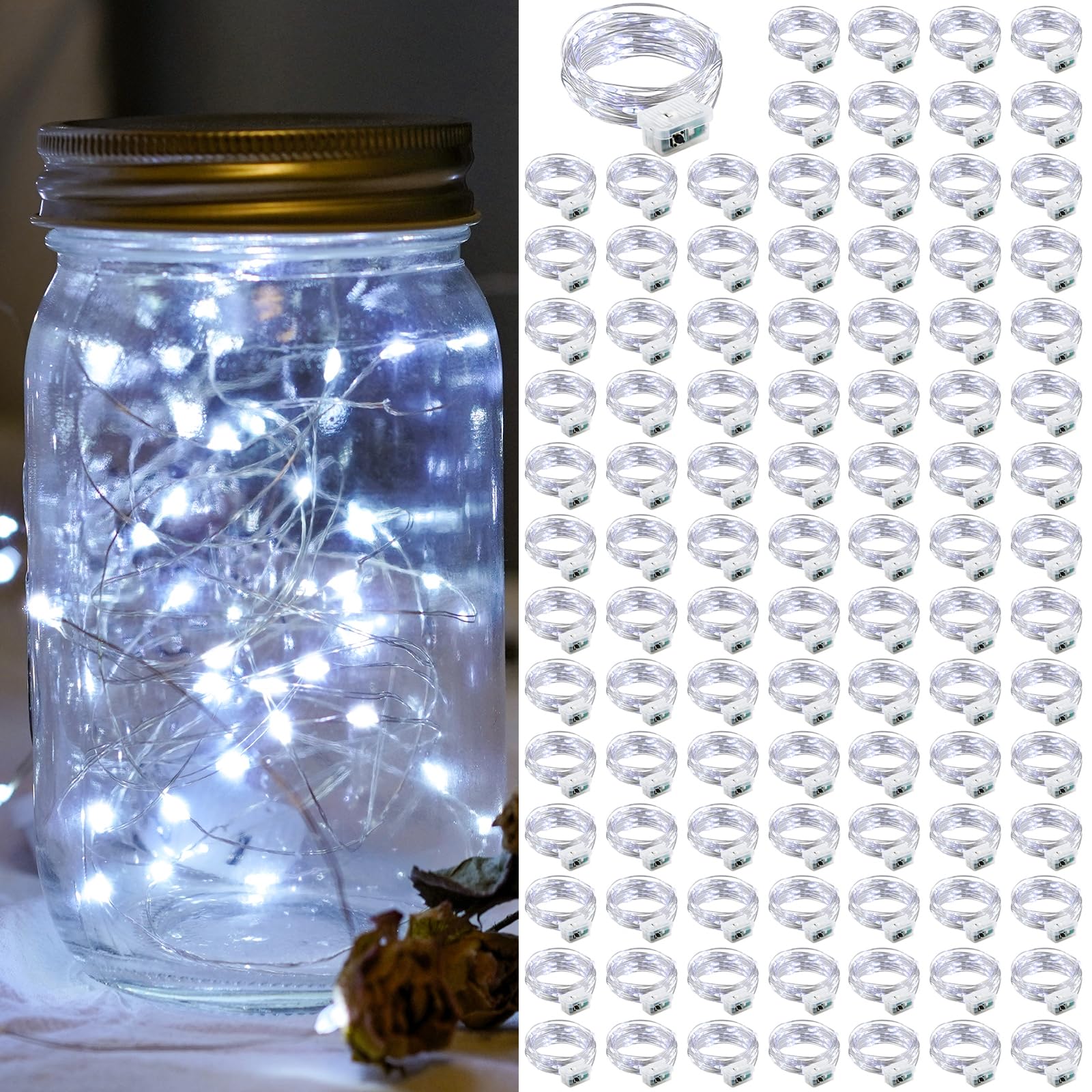 chzk 100 Pack Fairy Lights 7Ft 20 LED Twinkle String Lights Battery Operated Waterproof Cold White A01-Mini