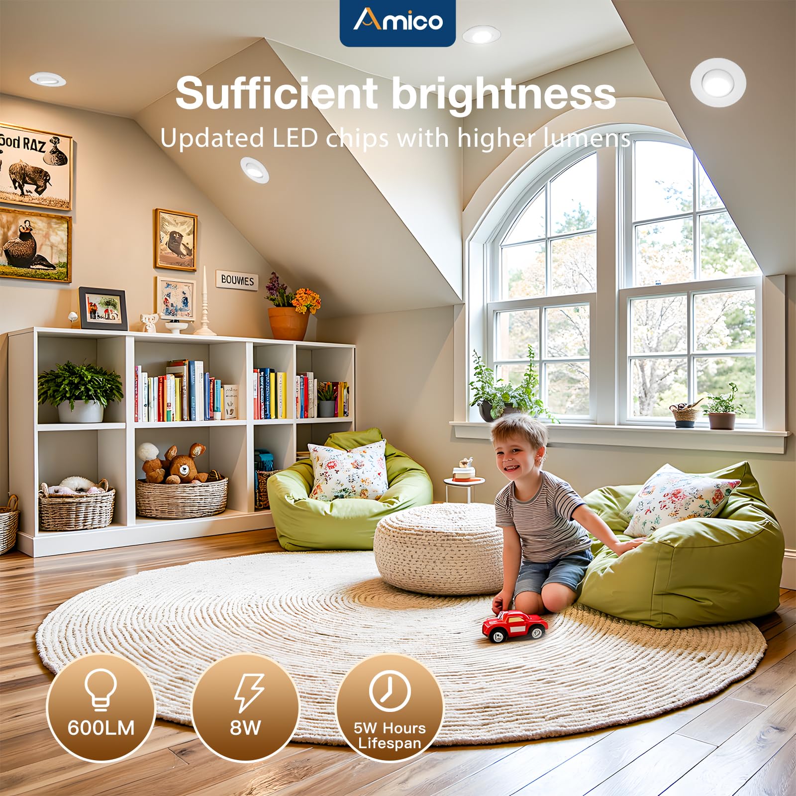 Amico 3 Inch 5CCT Eyeball LED Recessed Lighting, Dimmable 8W 600LM, White, Model 06002, 360° Adjustable, ET