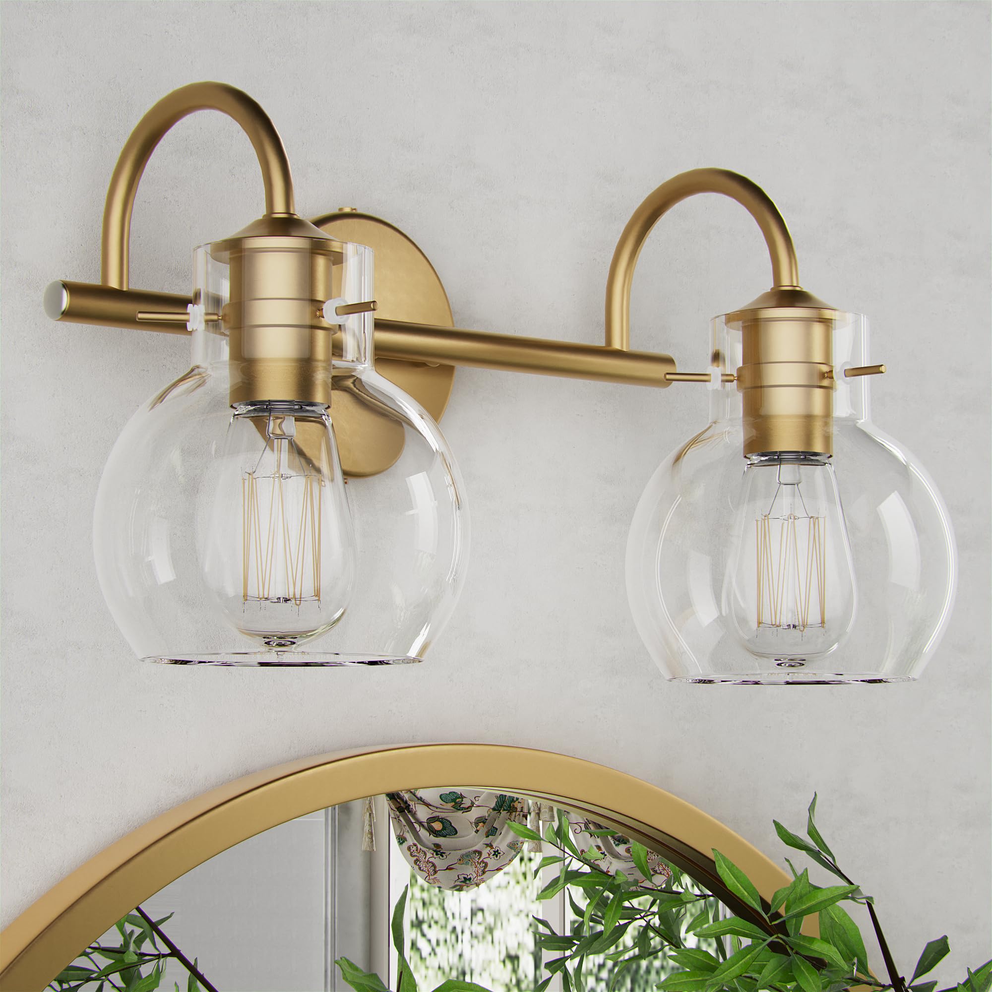 PAIHOME 2-Light Bathroom Light Fixture, Gold Metal Vanity Light with Globe Glass Shade, 15-Inch Over Mirror Sconce