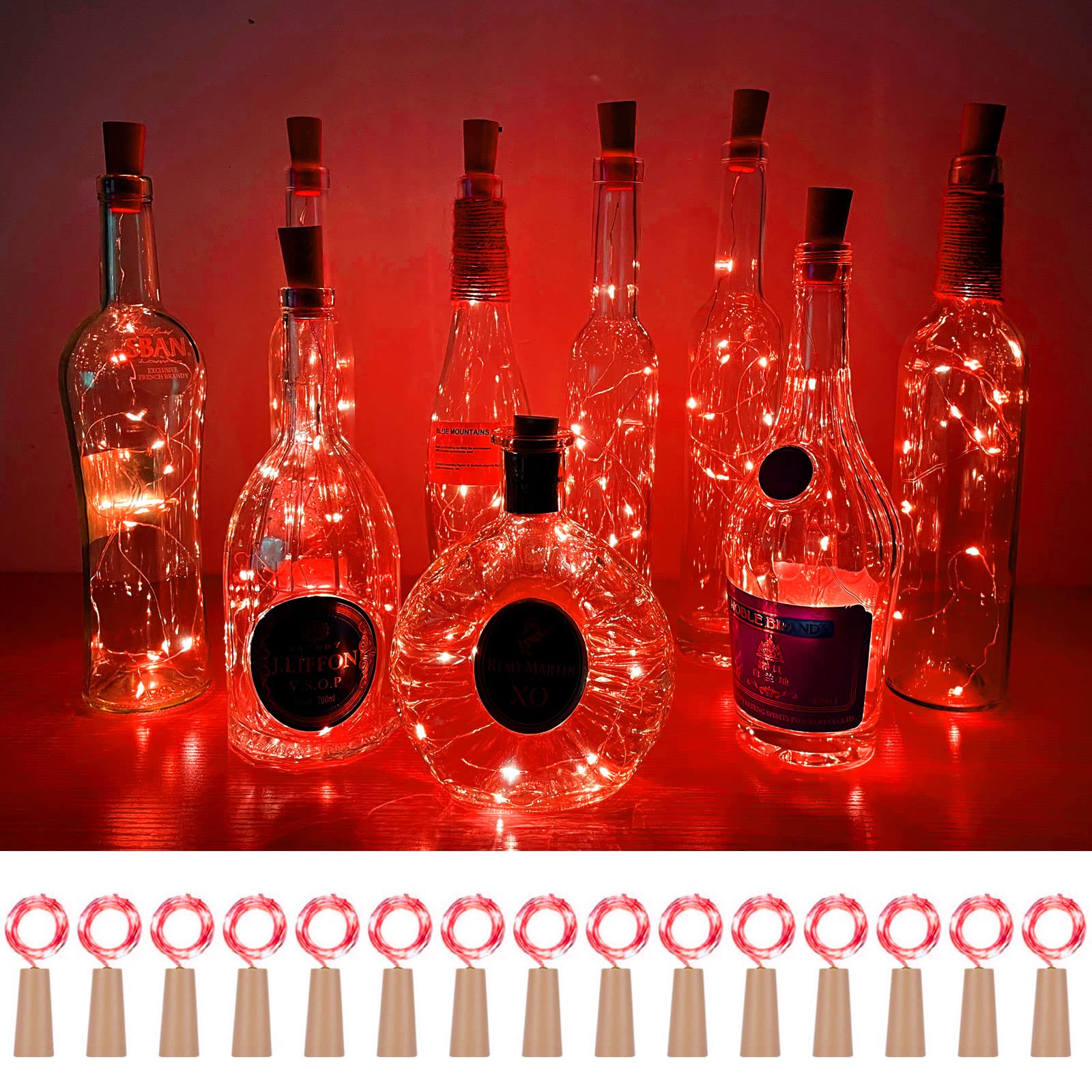 Wine Bottle Cork Lights 15Pack 10 LED 40 Inches Battery Operated Silver Wire Liquor Bottle Fairy Mini String Lights for Party Christmas Halloween Wedding Decoration (Red)