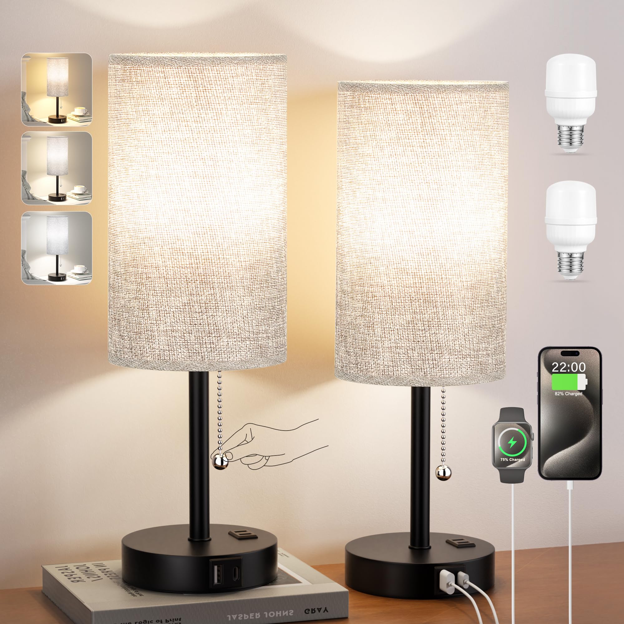 Tall Grey Bedside Lamp for Bedroom Set of 2- 17.4inch Grey Table Lamp with USB A + C Charging Port, 3 Color Temperatures Pull Ch