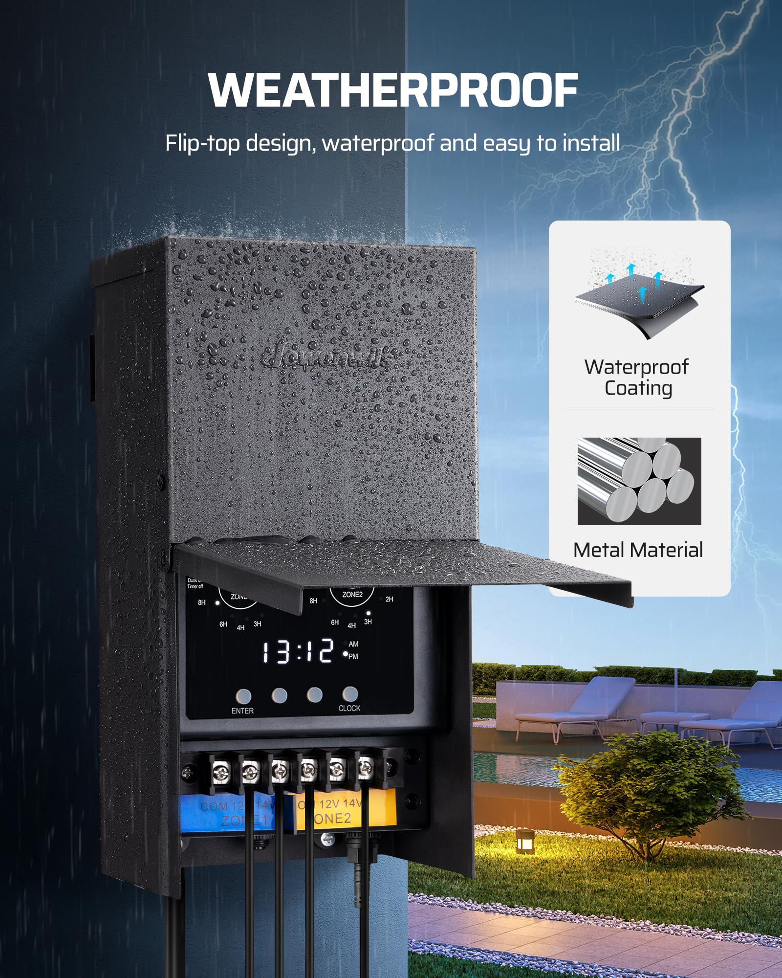 DEWENWILS 300W Low Voltage Landscape Transformer with Photocell & Timer, 120VAC to 12/14VAC, Model HOSL05K1