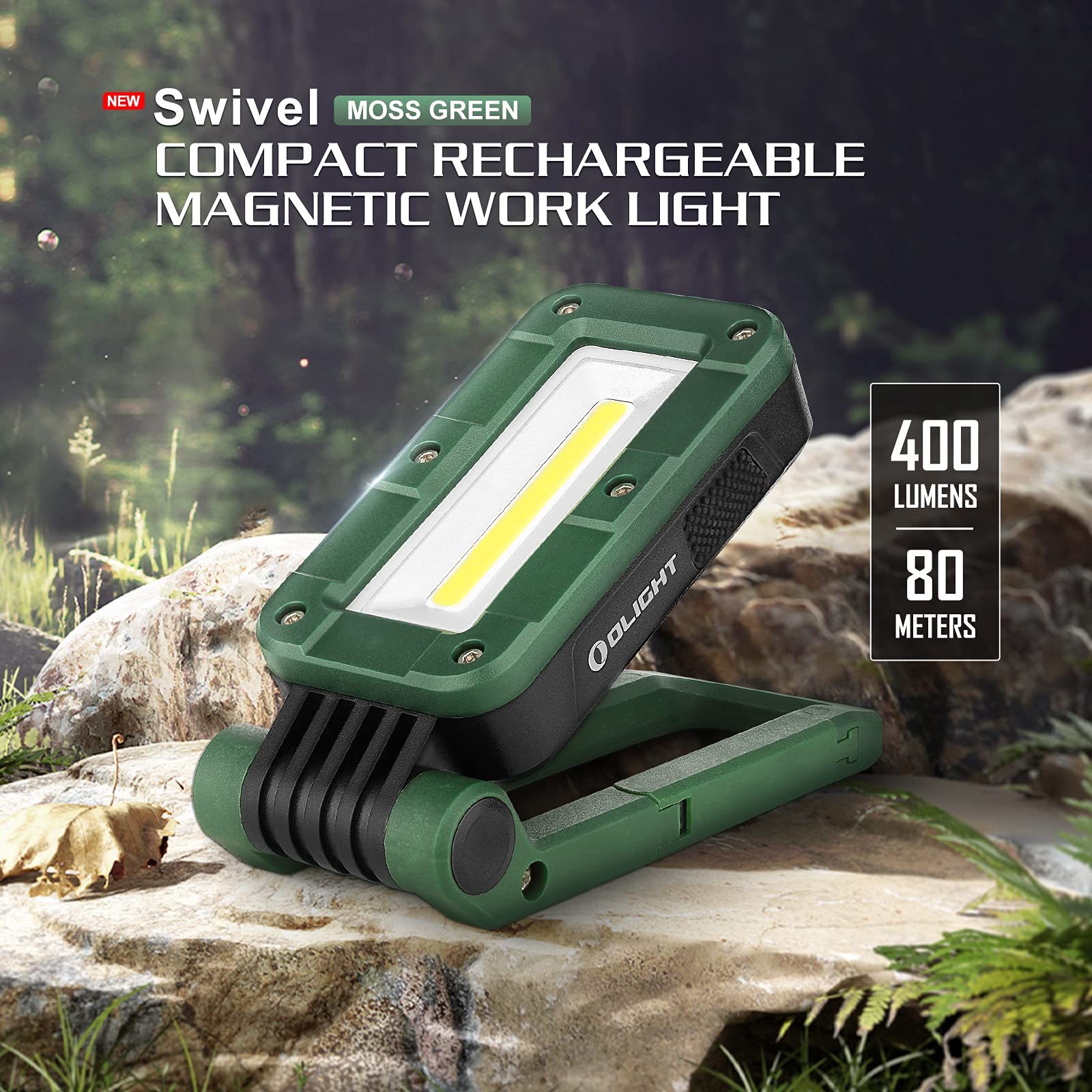 OLIGHT Swivel Work Light, 400 Lumens, Rechargeable, Magnetic Base, 5 Light Modes, Moss Green, Model O-Swivel-MG#US-FBA