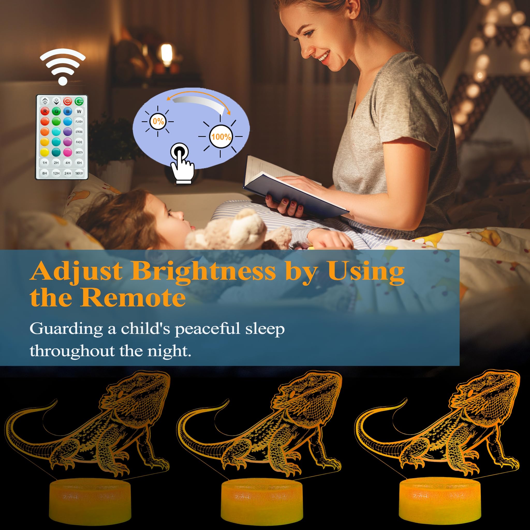 POSSHE 3D Bearded Dragon Night Light, 16 Color Remote Control, MY-3D LAMP-CRACK