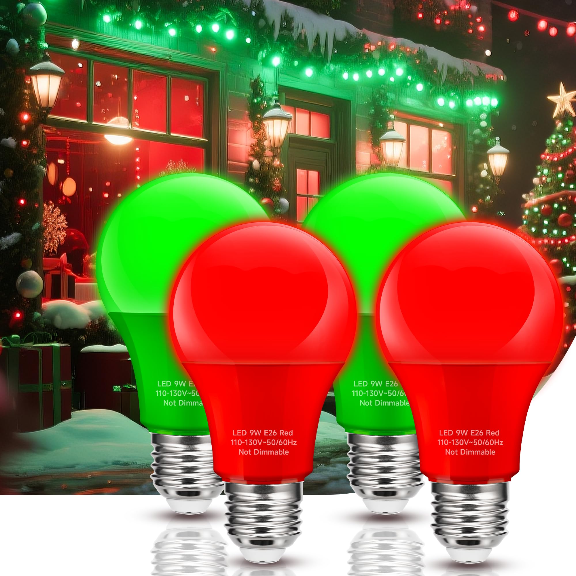 Nouscan Red Green Led Light Bulbs Outdoor [Christmas Combo]  9W Equivalent 60W  E26 Medium Base  A19 Colored Light Bulb Decorative For Halloween  Thanksgiving Day Holiday Lighting Bar  Not-Dim  4 Pack