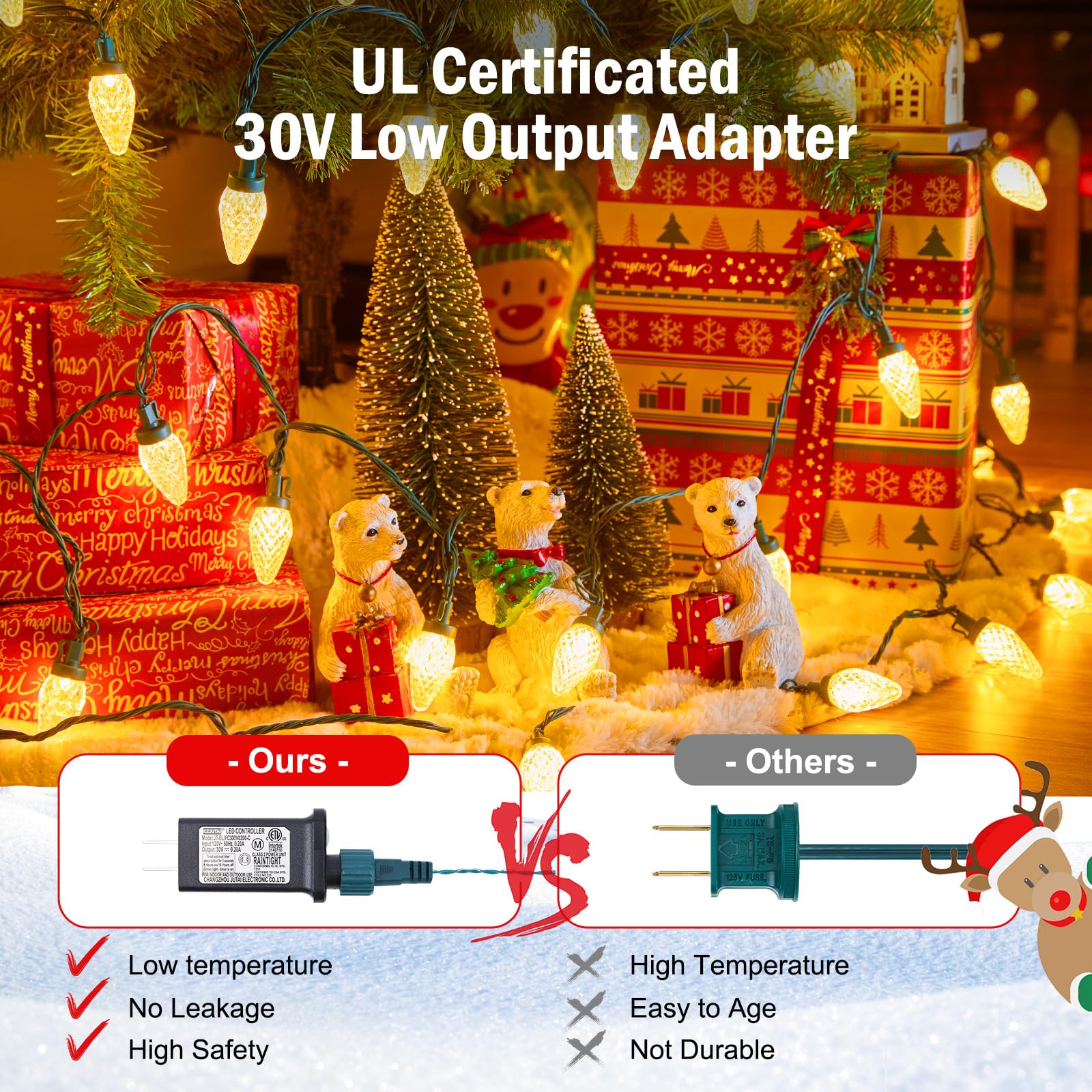 Minetom C9 LED Christmas Lights - 200 LED, 147 FT, Warm White, Waterproof, Timer & 8 Modes, Indoor/Outdoor Use, Model JT-EL/FC300V