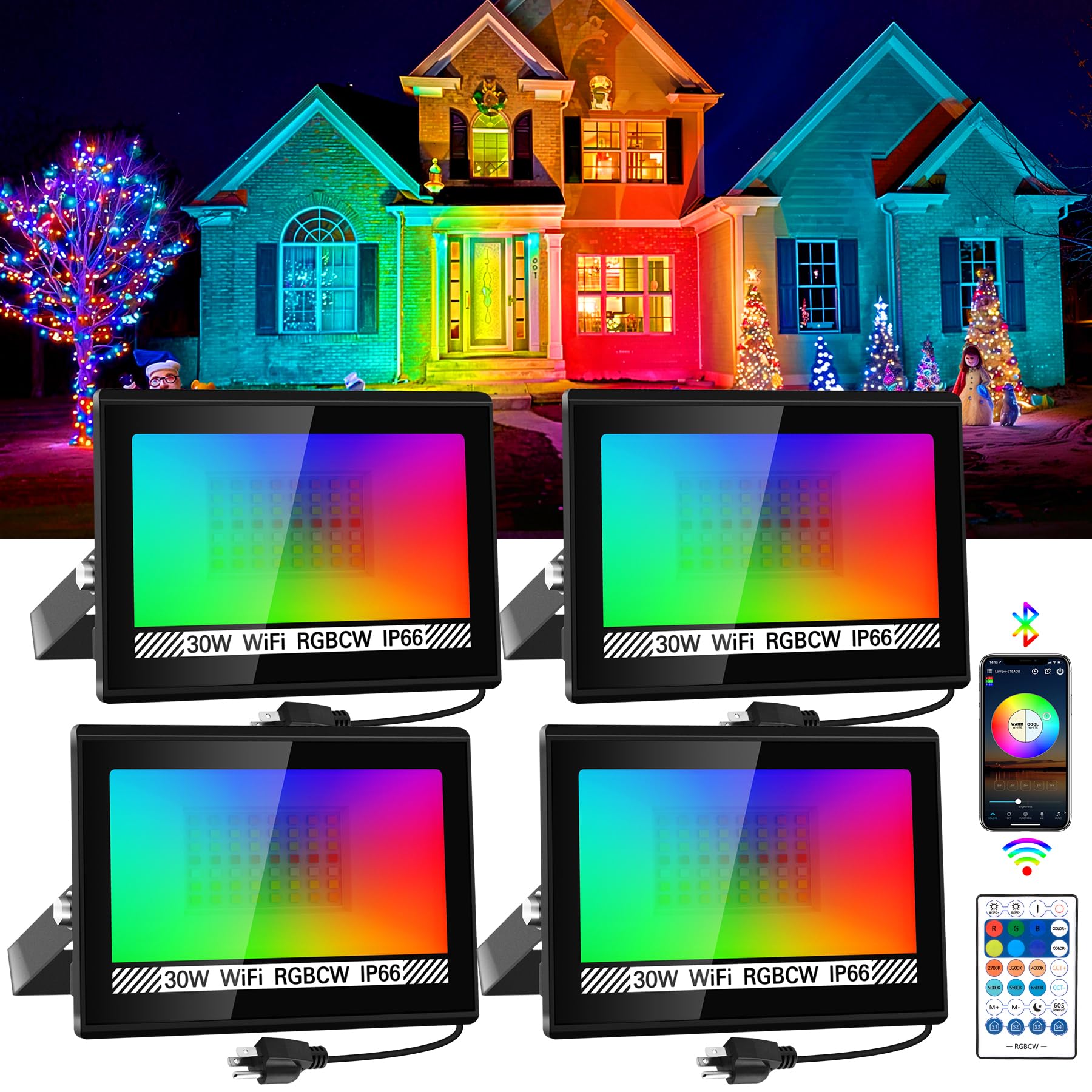 CREPOW RGB LED Flood Light Outdoor 300W Equivalent, 30W Bluetooth RGBCW Smart Floodlights 2700K, 16 Million Color Changing, Timi