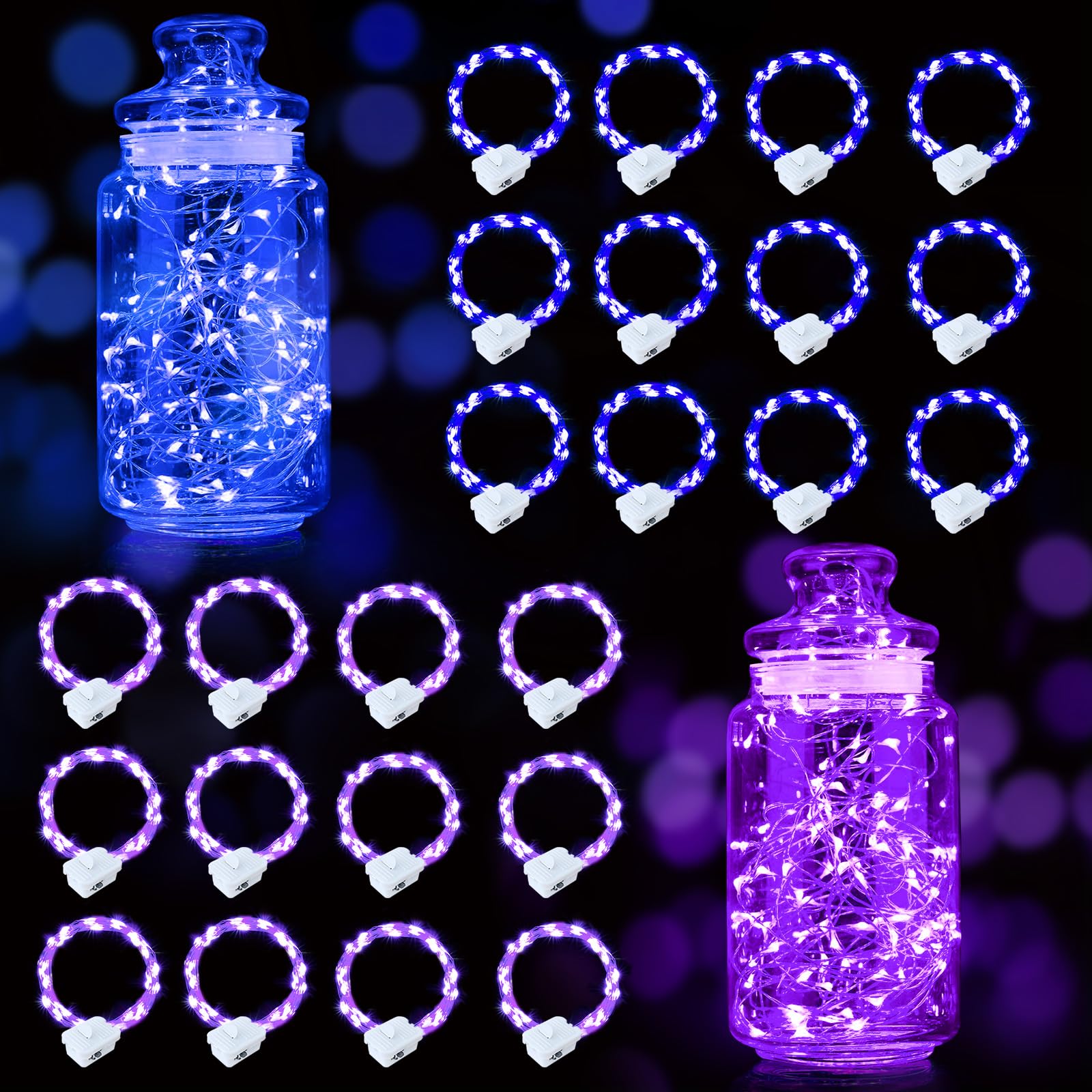 pozzolanas 24 Pack LED Fairy Lights - Waterproof Battery Operated String Lights, 20 LEDs, Purple & Blue, Model D3-23DC