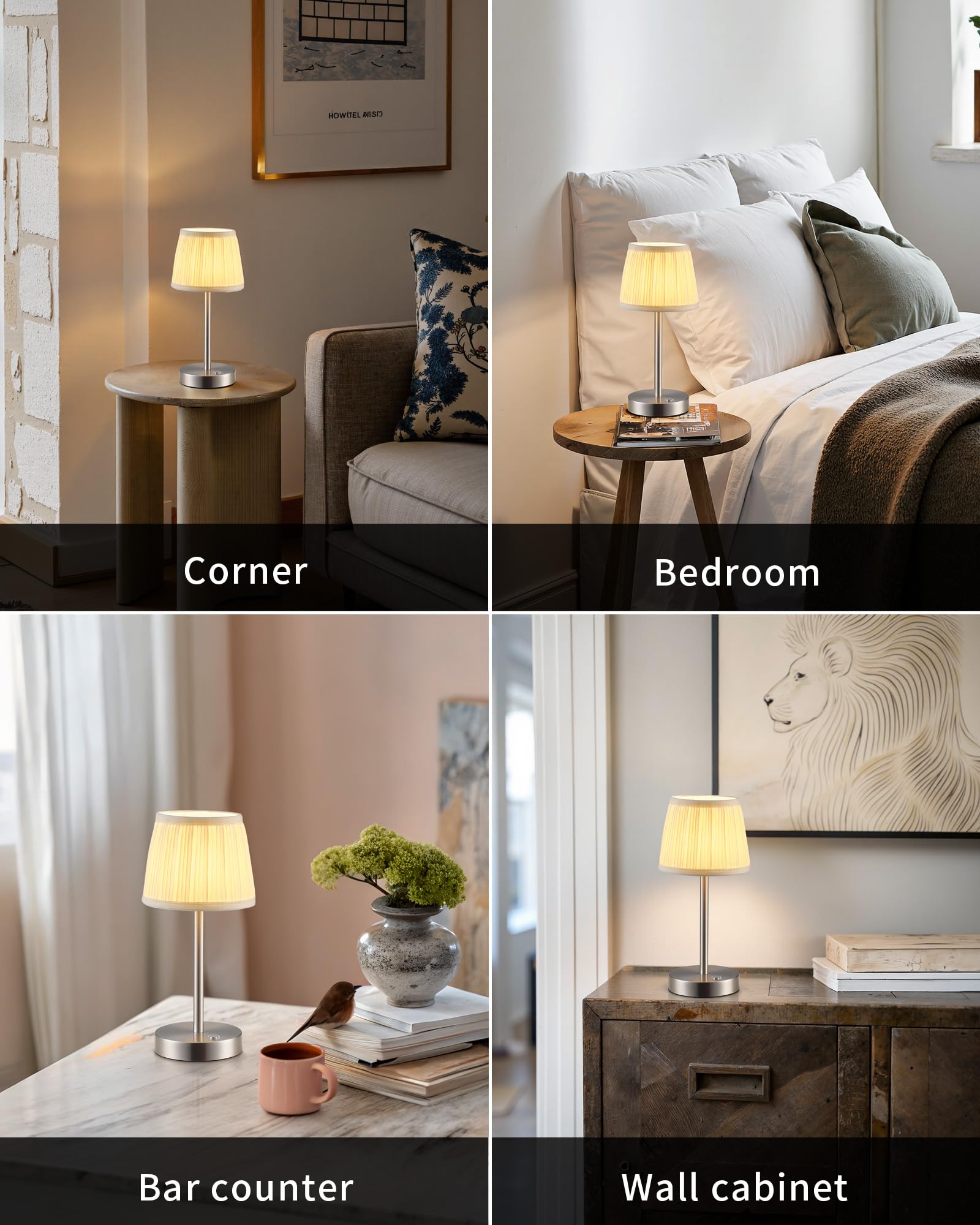 Pusu 2 Pack Cordless Led Nickel Table Lamps  Rechargeable 4000Mah 3 Way Dimmable Bedside Small Lamp With Fabric Shade  Lighting For Bedroom  Kids Room  Bathroom  Kitchen  Decor  Gift  Night Light