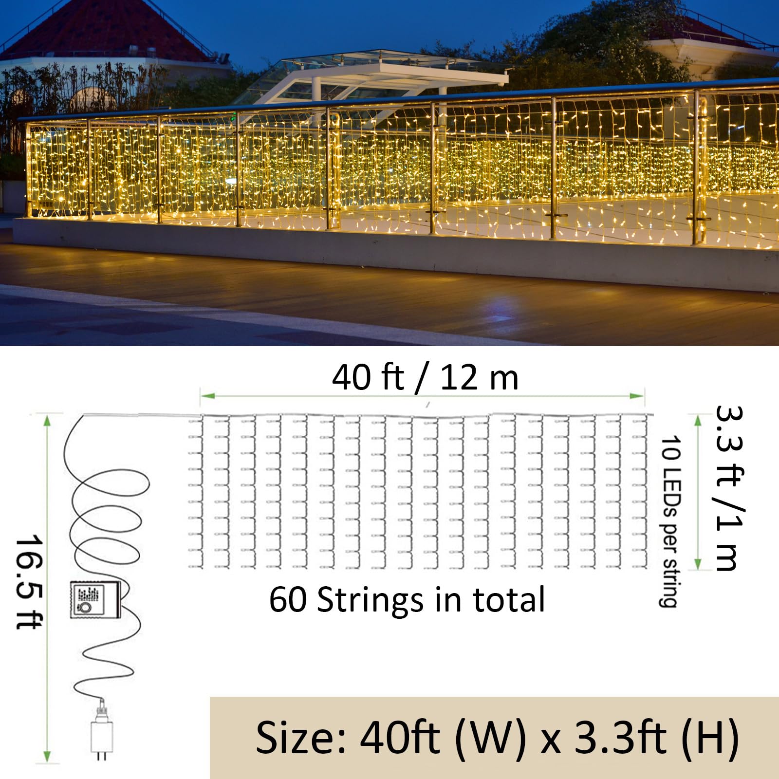 Solhice Led Curtain Lights Outside 40Ft X 3Ft For Backyard, 600 Led Plug In Hanging Fence String Lights Outdoor Waterproof For B