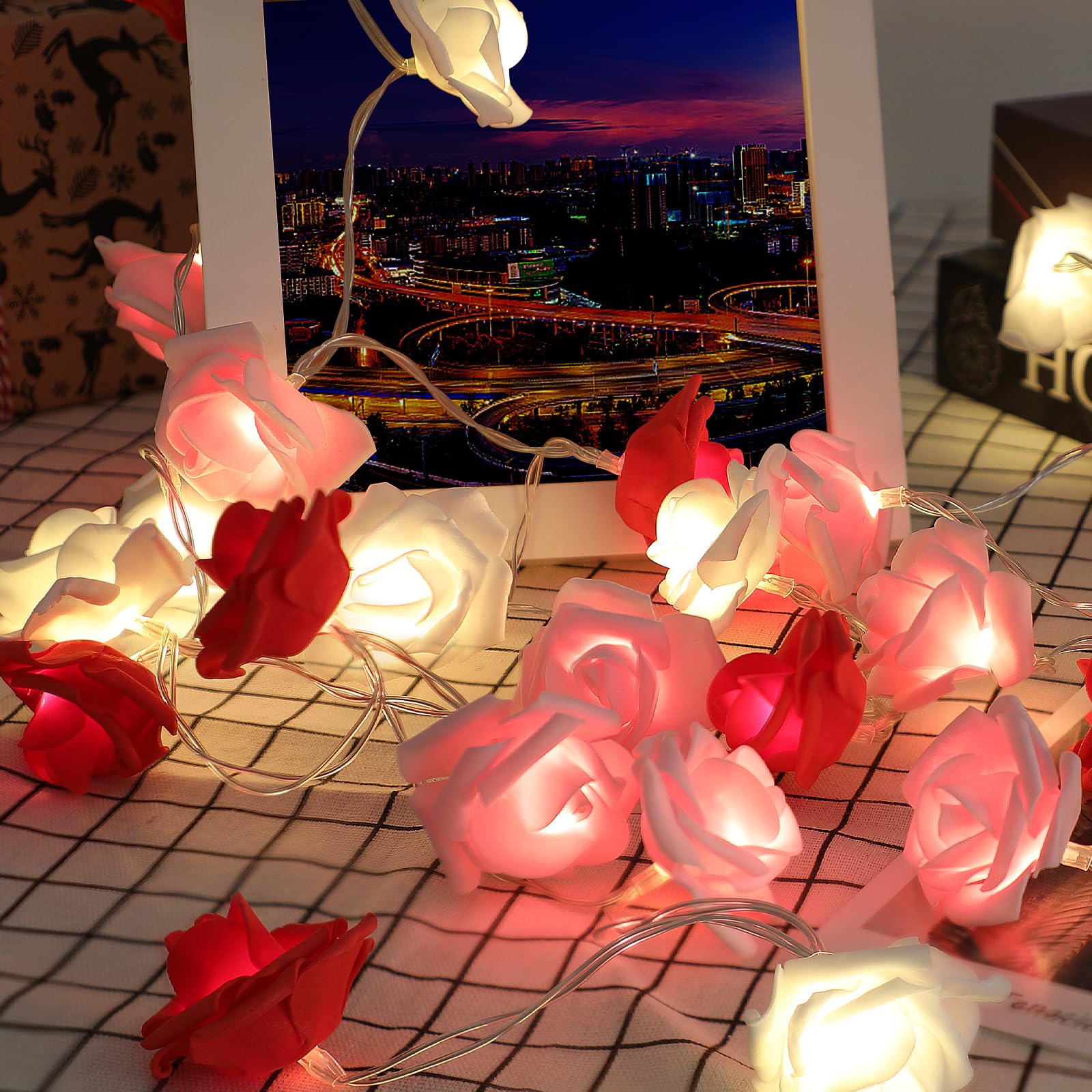 CCINEE 9.8Ft LED Rose Flower String Lights?30 LED Red White Pink Flower Fairy String Lights Battery Operated Flowers Garland Lig