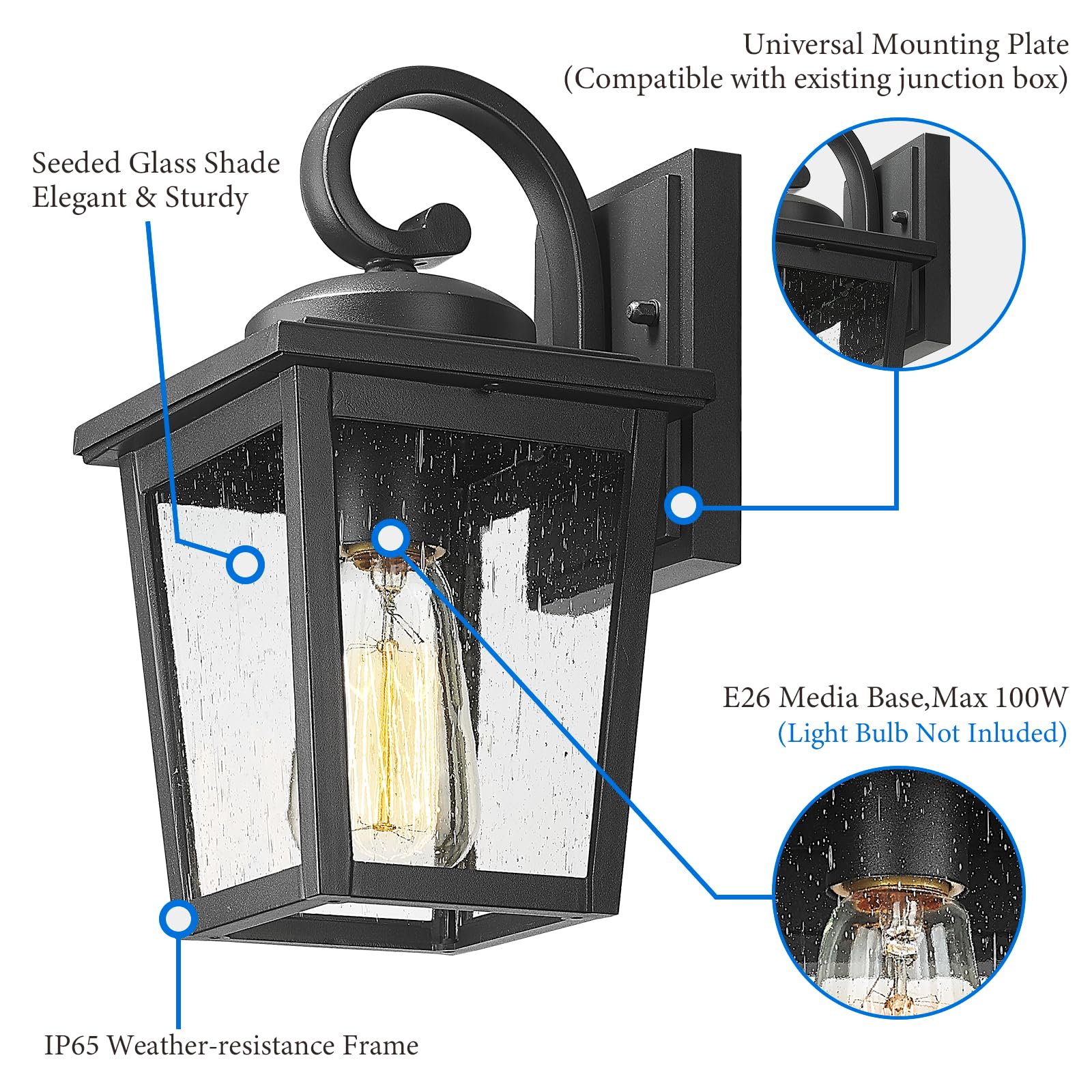 Luminzone Waterproof Outdoor Wall Lanterns, Seeded Glass, Small Aluminum Sconces For Porch & Patio