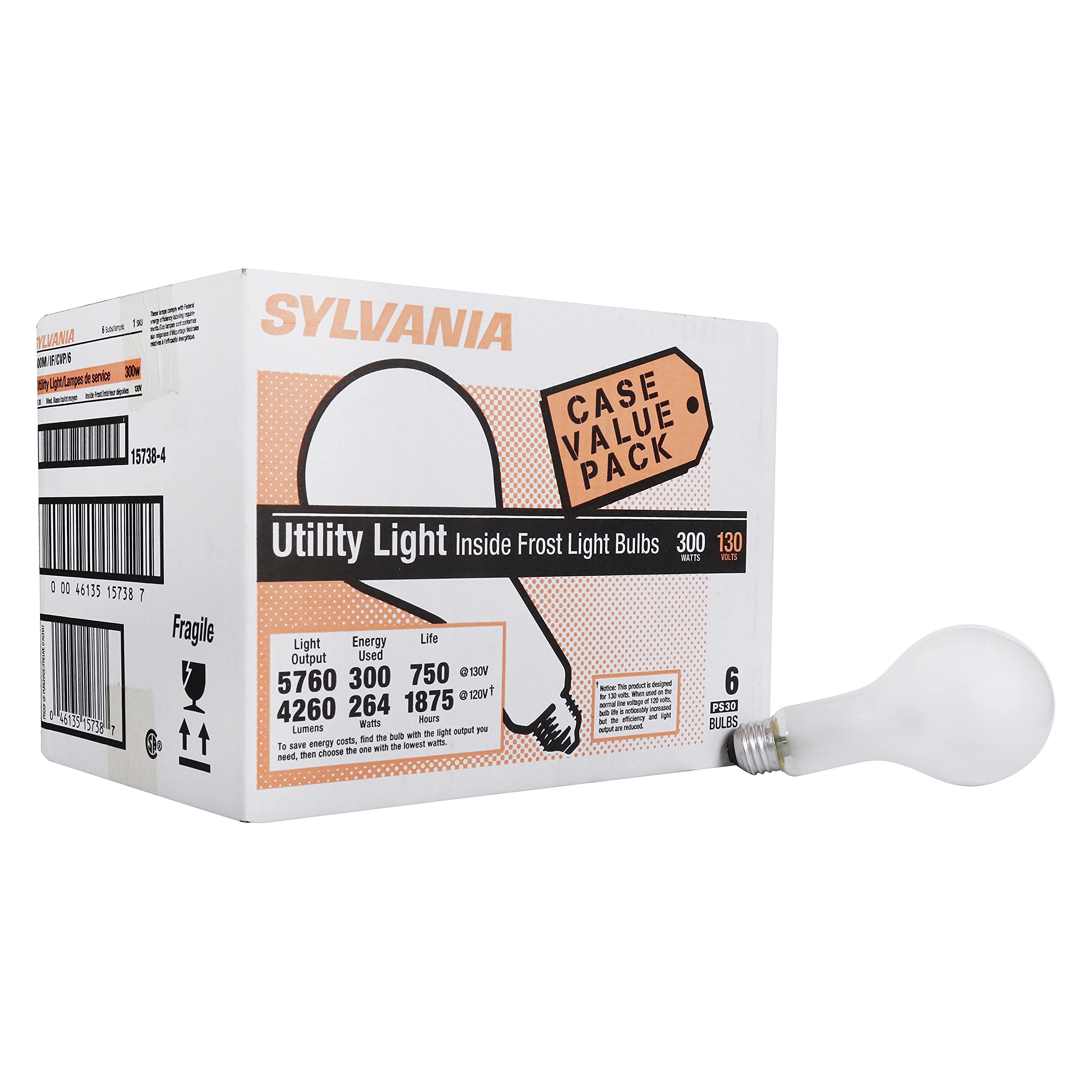 LEDVANCE SYLVANIA 300W Incandescent PS30 Light Bulb, Frosted, 5760 Lumens, 130 Volt, 6 Pack