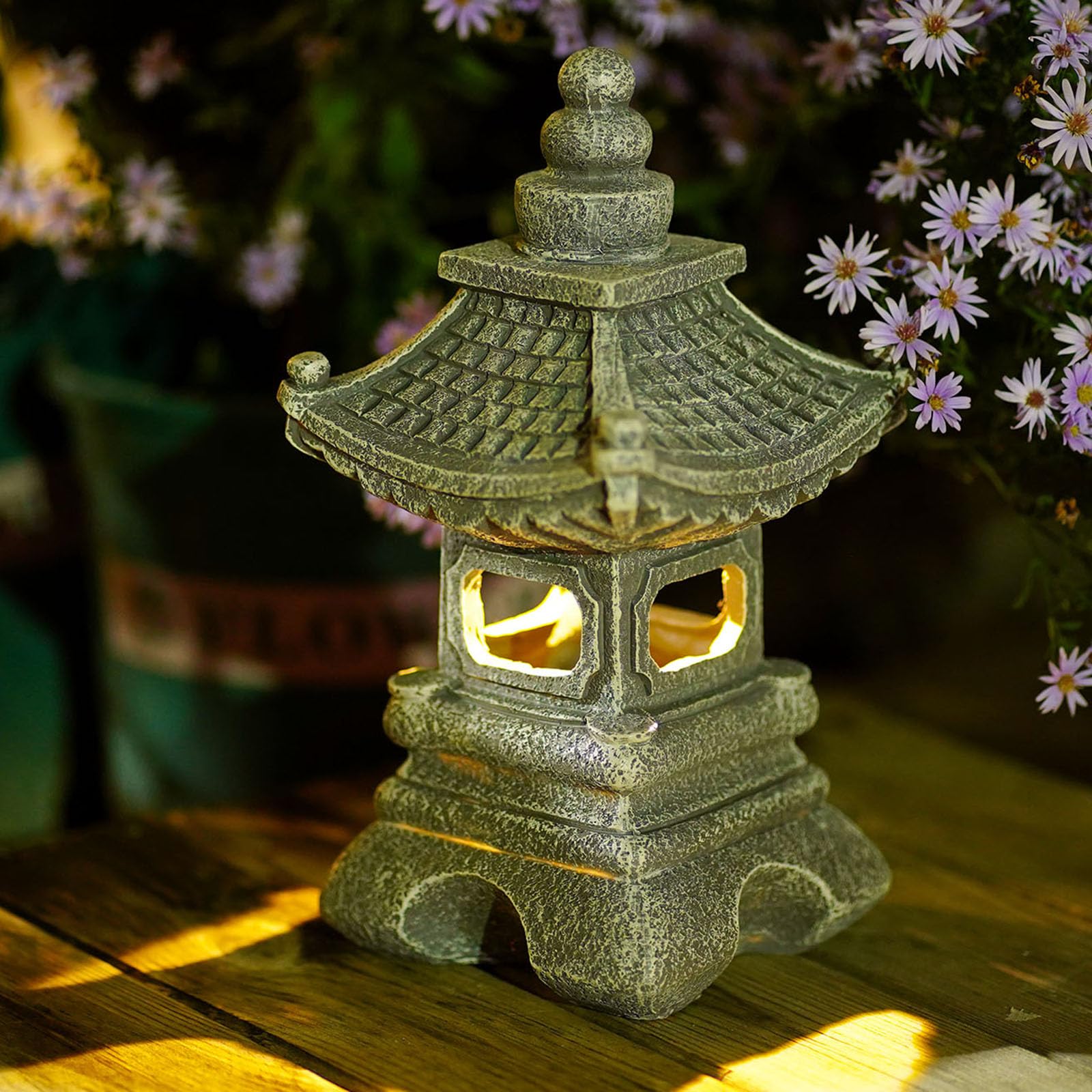 Solar Pagoda Lantern Garden Statue Japanese Zen Lantern Outdoor Decor with LED Light for Landscape Balcony Patio Porch Yard Art 