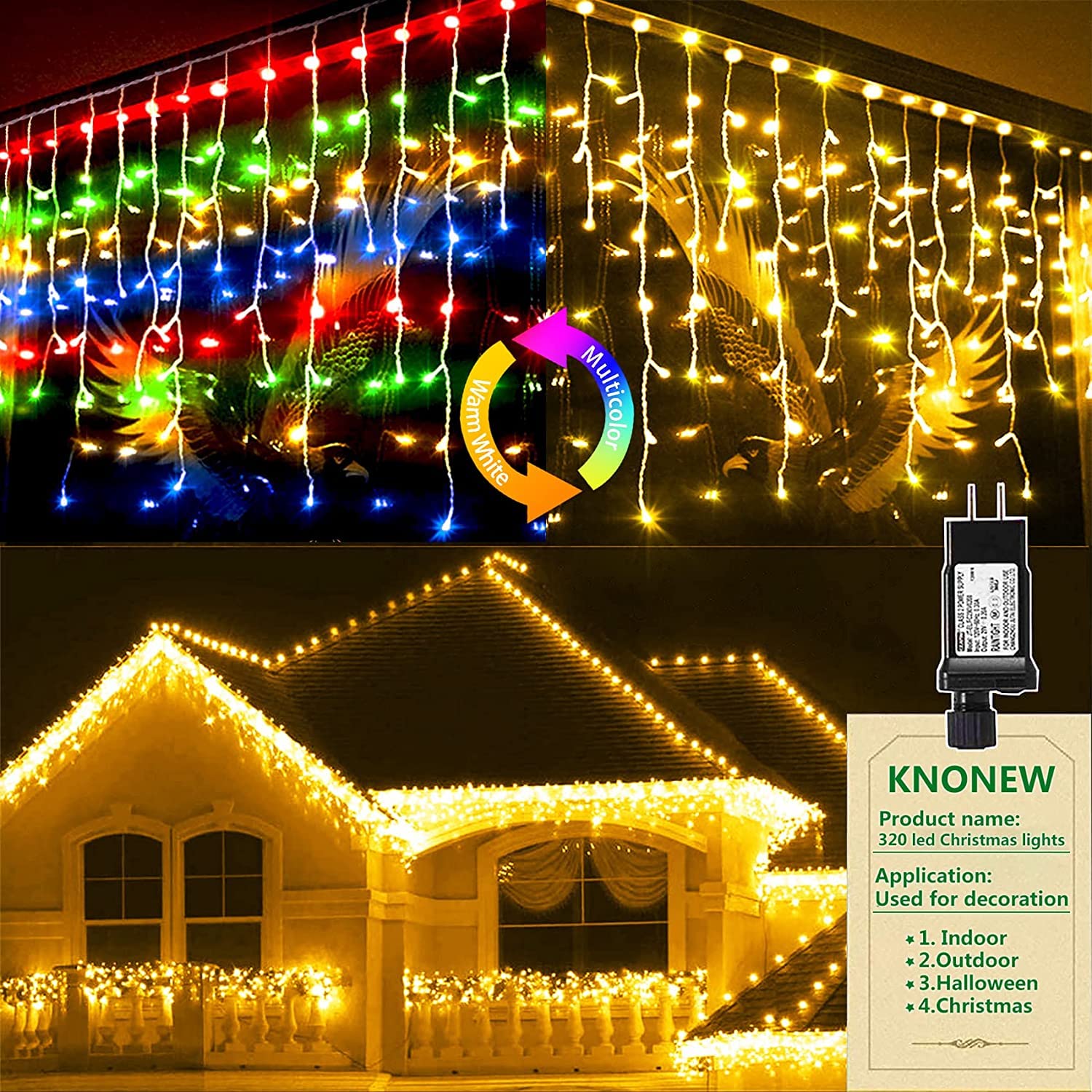 KNONEW Outdoor Color Changing LED Curtain Lights, 400 LED, 33ft, Warm White to Multicolor, 11 Modes, Clear Wire, Model BG-CL3M3-306L