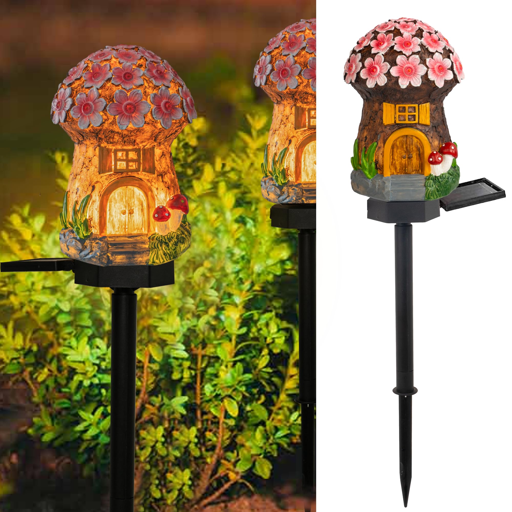 Dazzle Bright Solar Mushroom Lights - LED Garden Decor, Resin, Outdoor Stakes