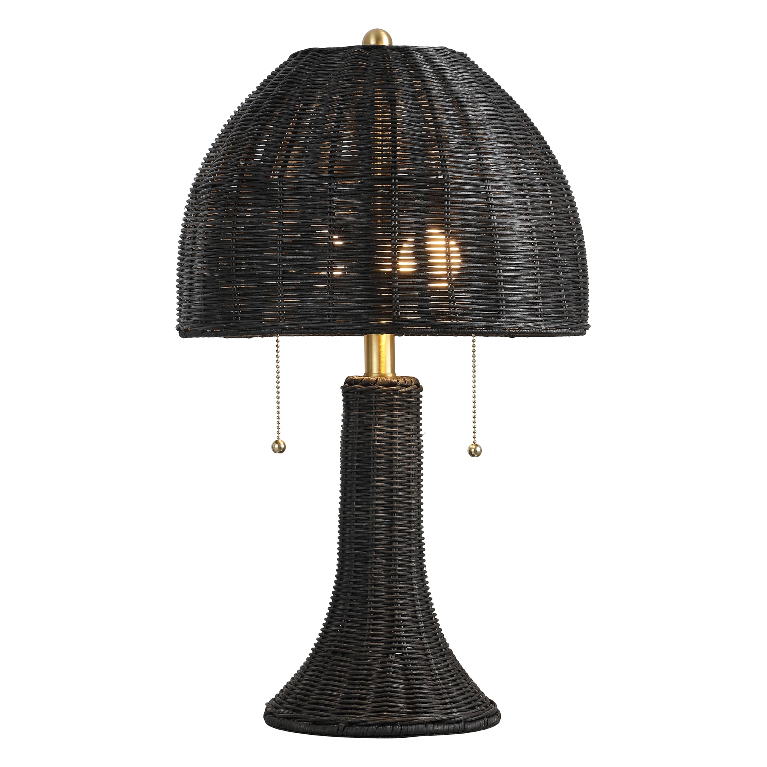 JONATHAN Y 22 Black/Brass Gold Bohemian Rustic LED Table Lamp for Bedroom, Natural Rattan Shade, Farmhouse Coastal Nightstand La