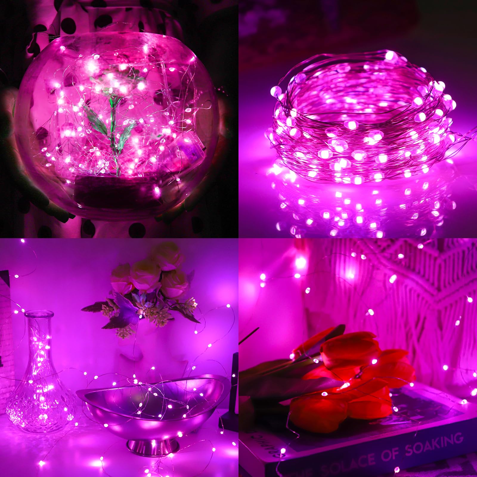 Mandiq 4 Pack Fairy Lights Battery Operated, String Lights 10Ft 30 Leds, Flashing And Constant Light Mode, Silver Wire Mini Lights For Festival, Christmas Decoration, Pink