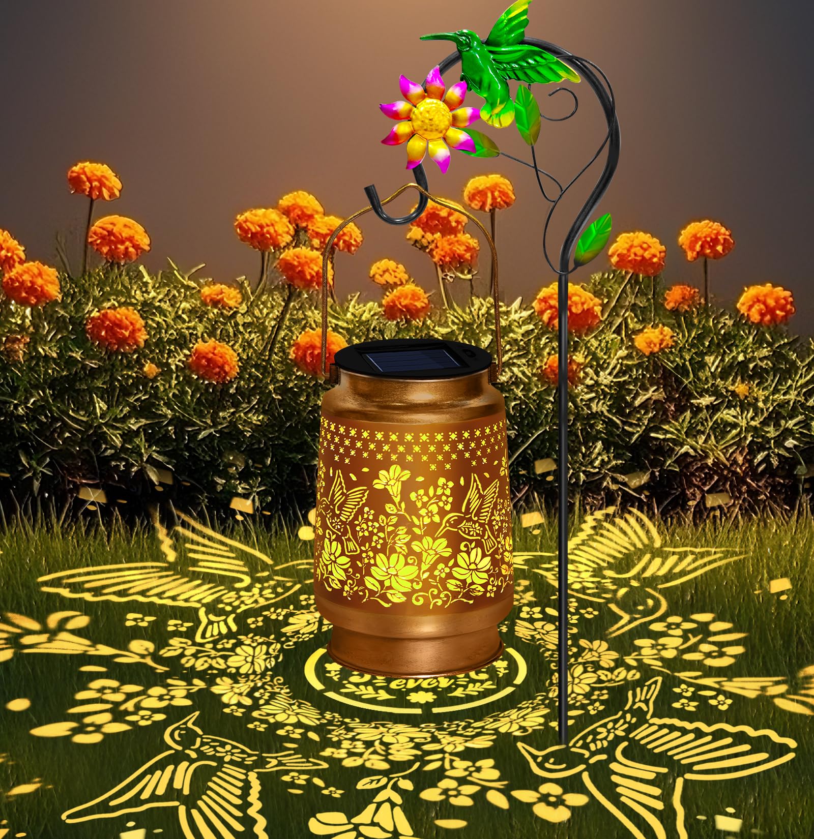 Hummingbird Solar Lanterns Outdoor Waterproof, Hanging Solar Lights Garden Lanterns with Shepherd Hook, Metal Garden Decor for Y