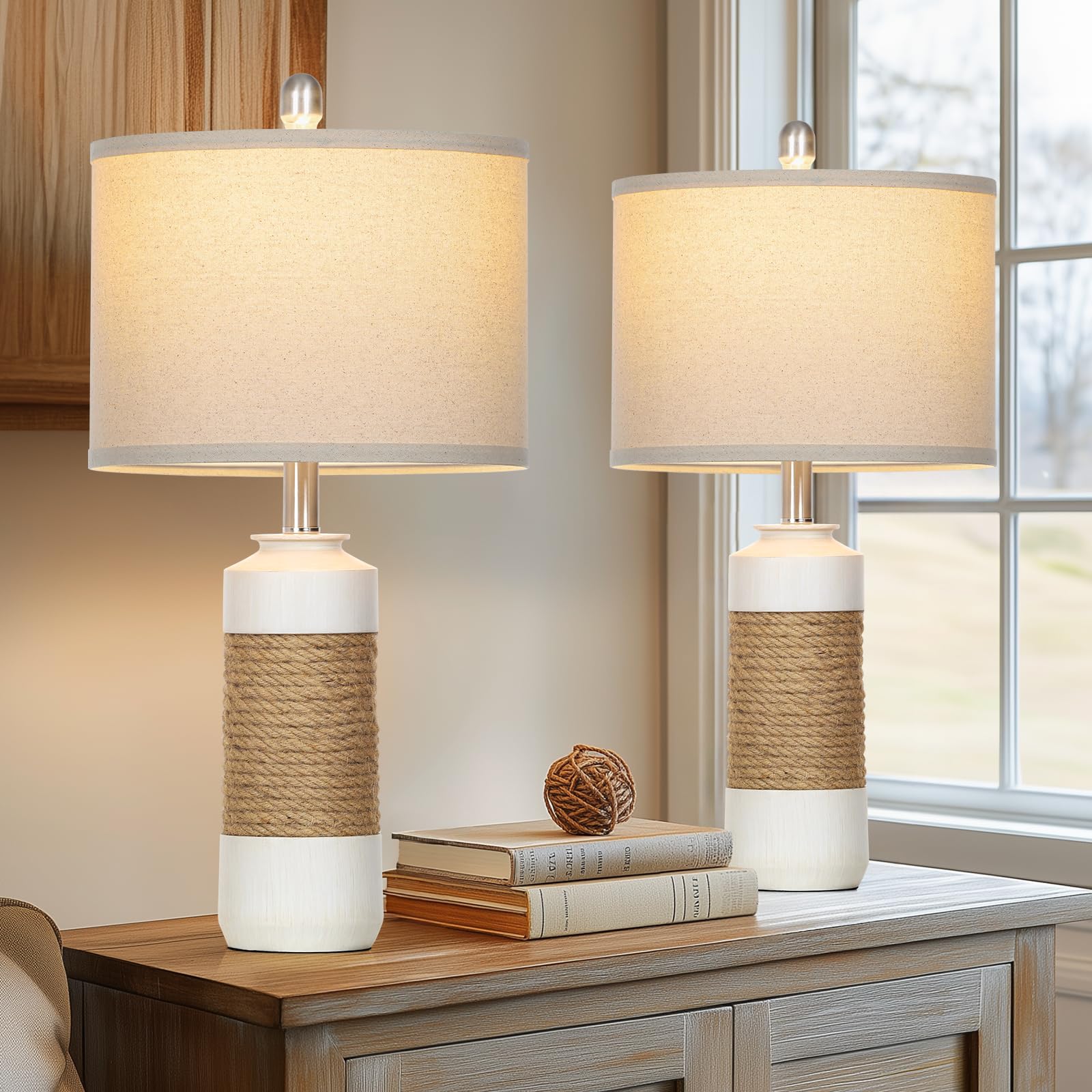 Cinkeda Boho Table Lamps for Bedroom Nightstand 25.5'' Farmhouse Bedside lamp Set of 2,Rattan Lamps Cottage Lamps for Living Roo