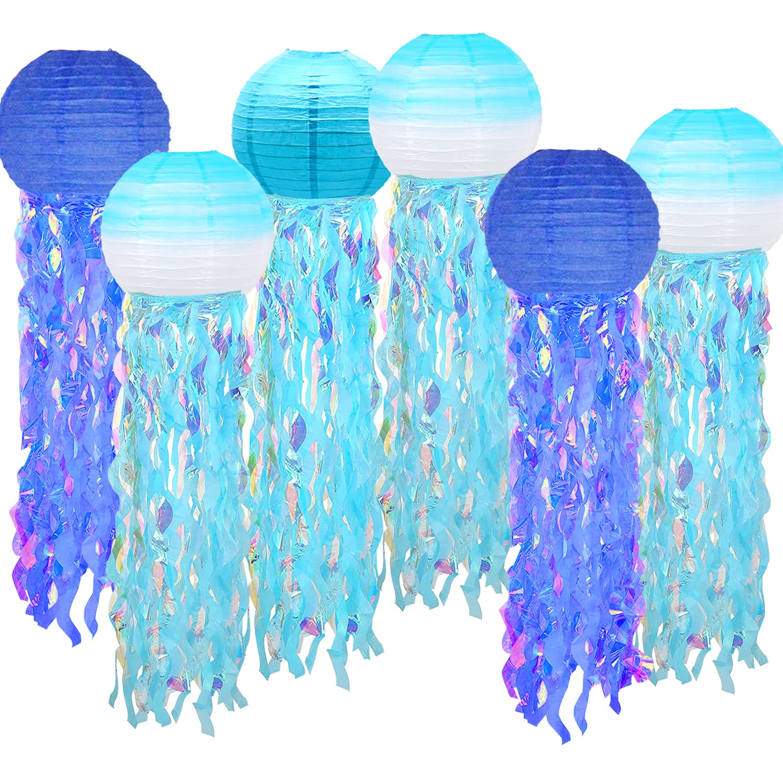6 Packs Jellyfish Paper Lanterns Hanging Mermaid Wishes Lantern Gradient Blue Sky Blue Ocean Theme Party Supplies Great For Kids