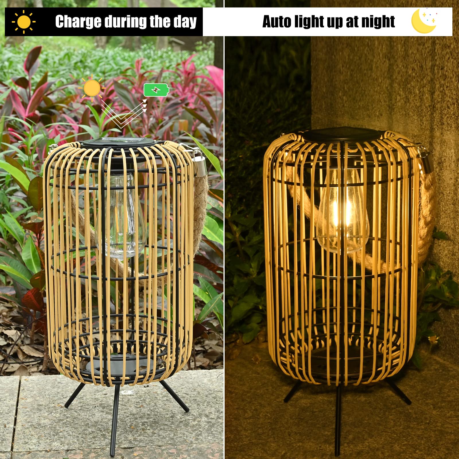 Livinlarge Solar Lantern - Waterproof Rattan Hanging Light with Handle, Bright Edison Bulb for Garden Patio Decoration, Multicolor