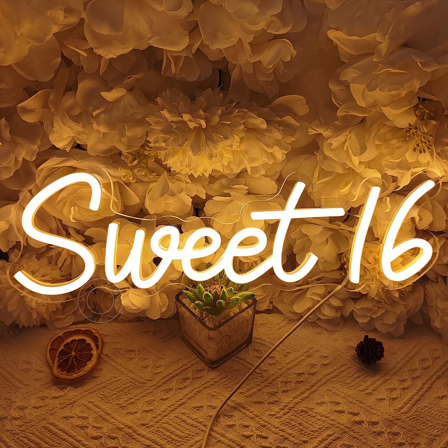 SYLHOME LED Neon Light Sign for Sweet 16 Birthday, Warm White, 15.75in x 5in, Acrylic, Model NS-ZF5VD-Sweet1602-WW
