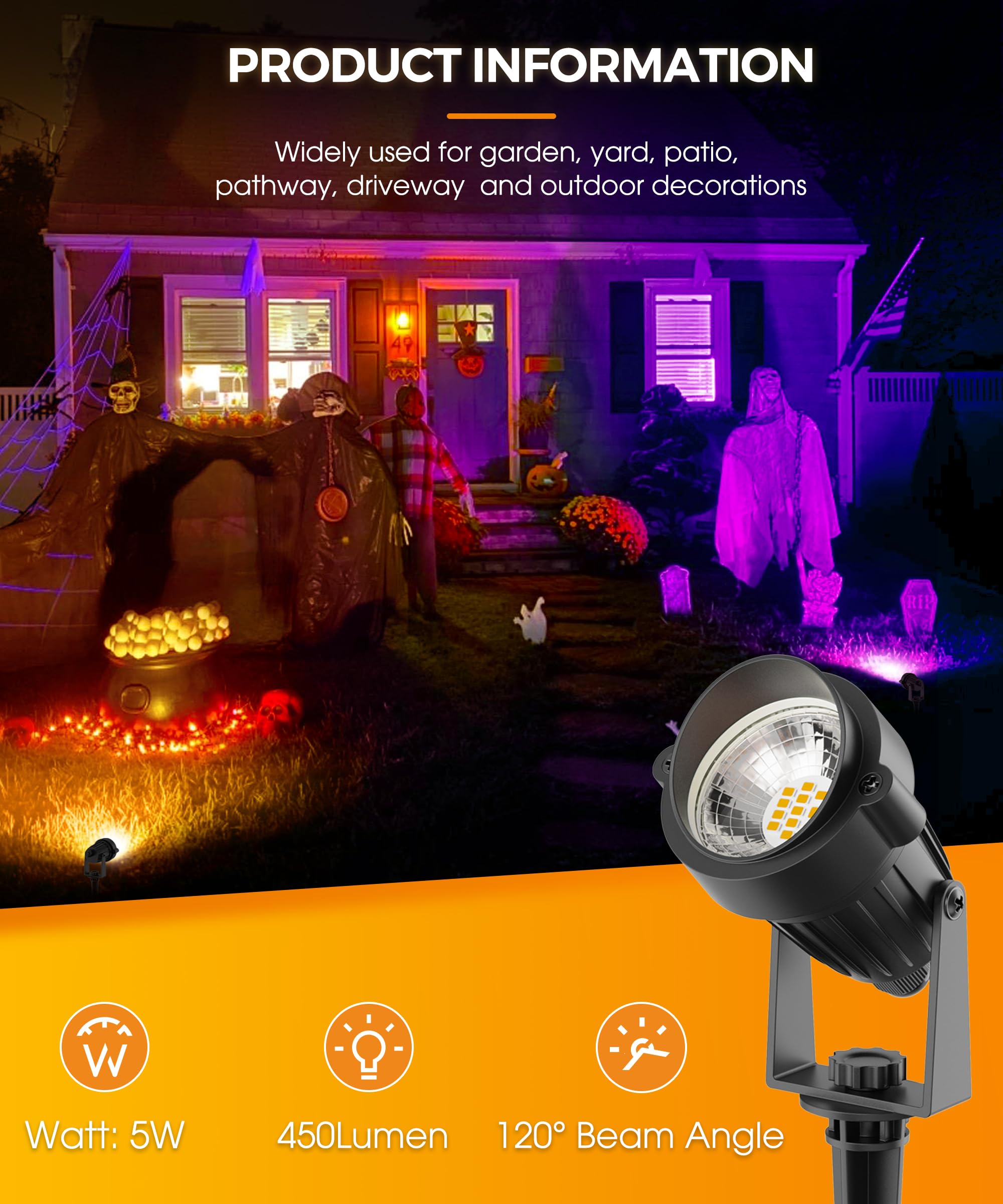 Lohas Halloween Spotlight Outdoor, Orange Led Spot Lights For Yard, Auto On/Off 5W 120V Landscape Lighting For House, Holiday, T