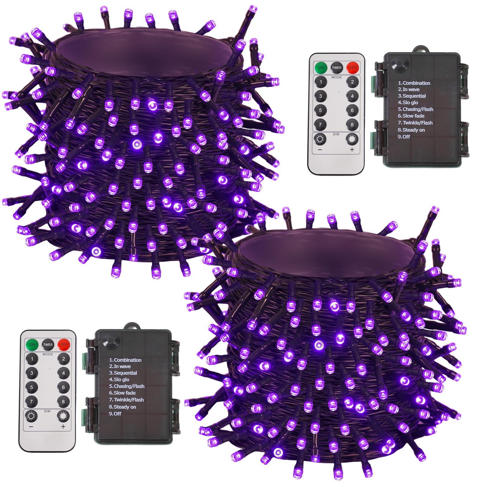 YEGUO Christmas Lights Battery Operated, 2 Pack Each 33ft 100 LED Purple String Lights Outdoor Waterproof, Green Wire Fairy Chri
