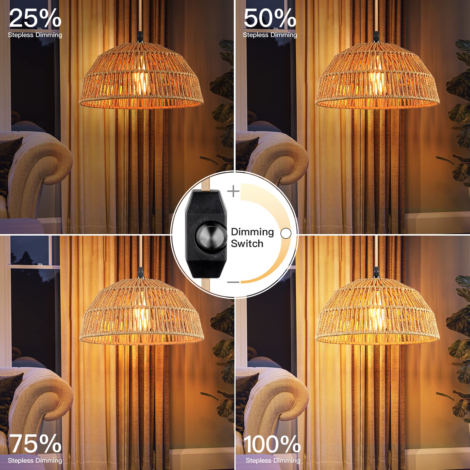 Cinkeda Plug In Pendant Light - Farmhouse Chandelier With 15Ft Cord, Dimmable, 2 Pack