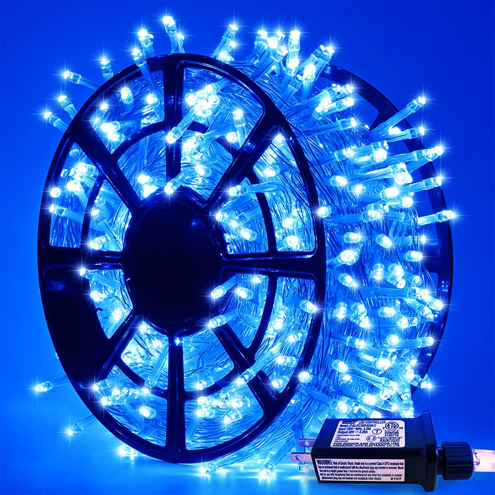 JMEXSUSS LED Blue Christmas String Lights, 163 FT, Waterproof, 8 Modes, Clear Wire, Model EXS-S-0500, Outdoor Decoration