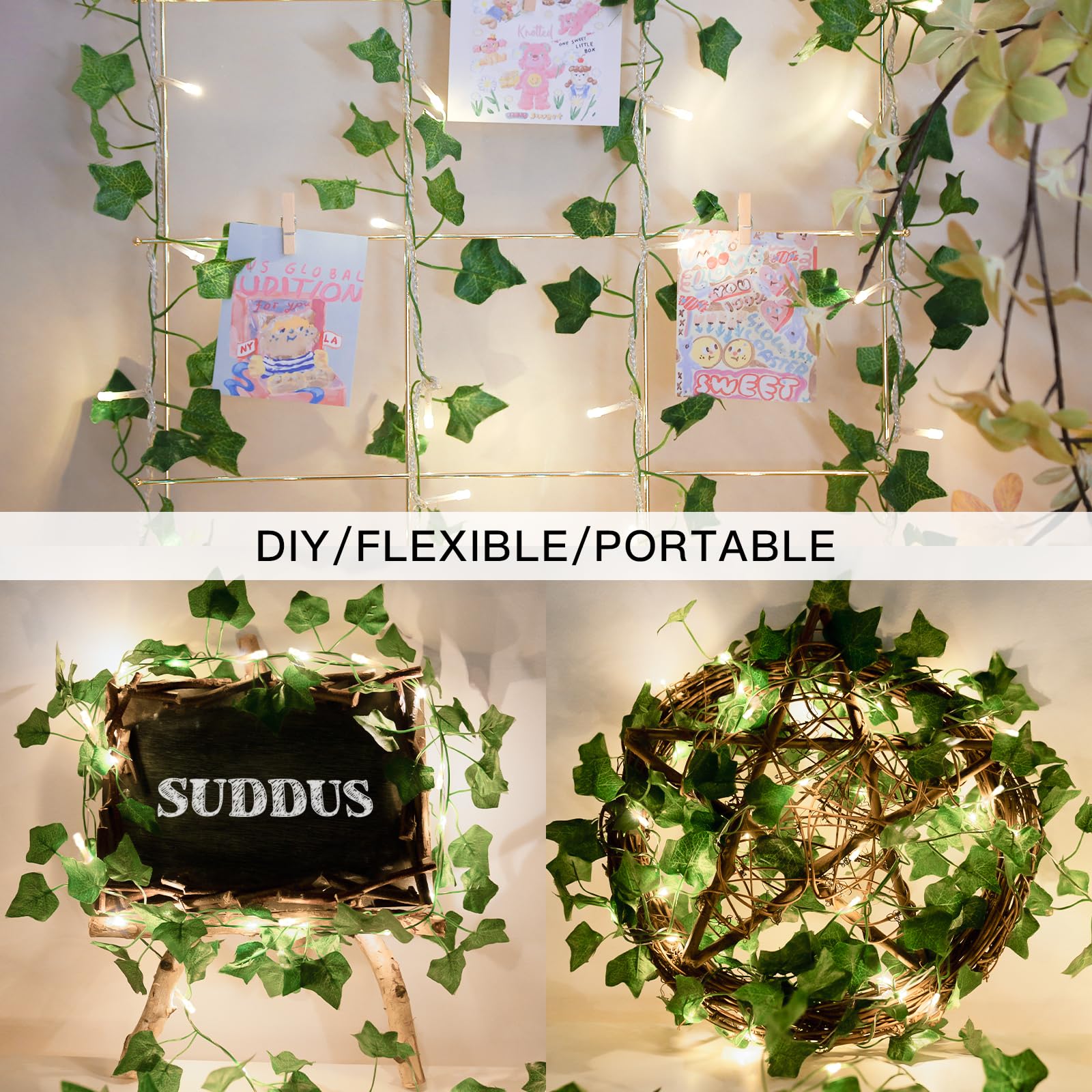 suddus Ivy String Lights with Remote, 33ft, 100 LED, Clear Wire, Warm White, Model SDS-100IVYWW