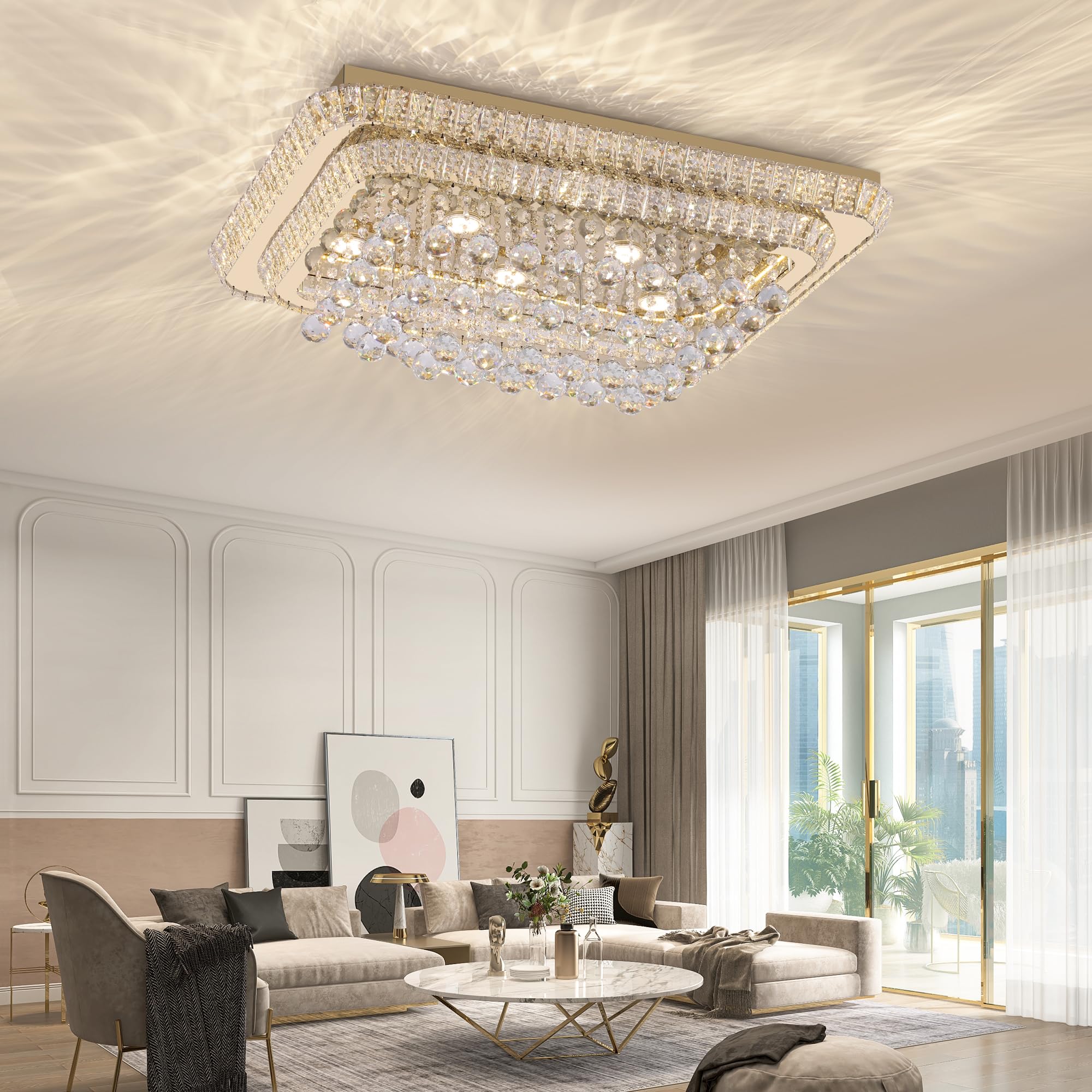 32 inch Crystal Flush Mount Chandelier, Modern Raindrop Crystal Gold Chandeliers with Remote and APP, 3 Colors Temp & Brightness