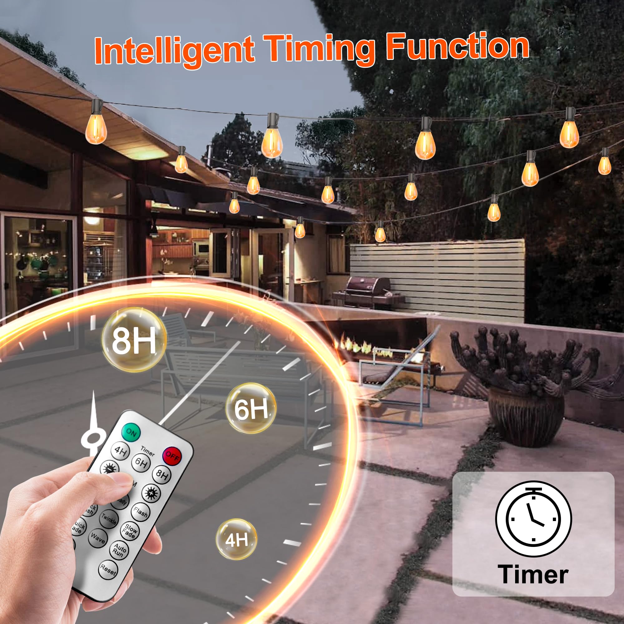 BLIATLUS 60FT Solar String Lights Outdoor Waterproof with Remote Control Solar Patio Lights 15+2 shatterproof LED Bulbs for Porc