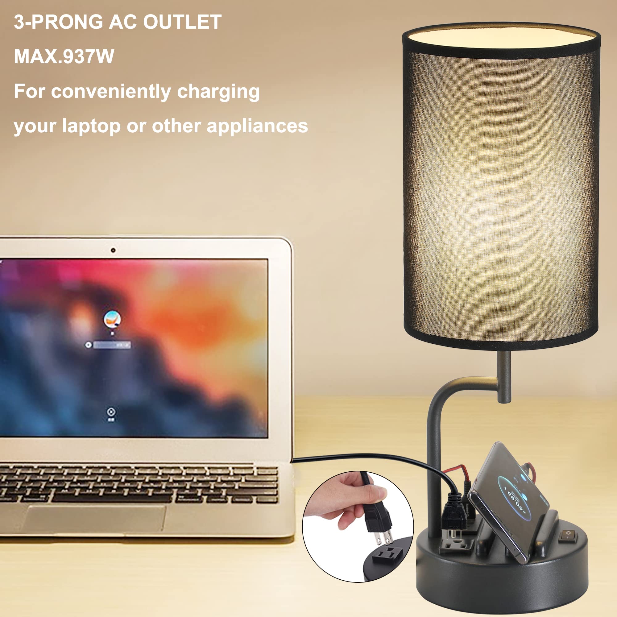 Dreamholder Table Lamp with 3 USB Ports, AC Outlet, Phone Stands, 2-Pack, Black