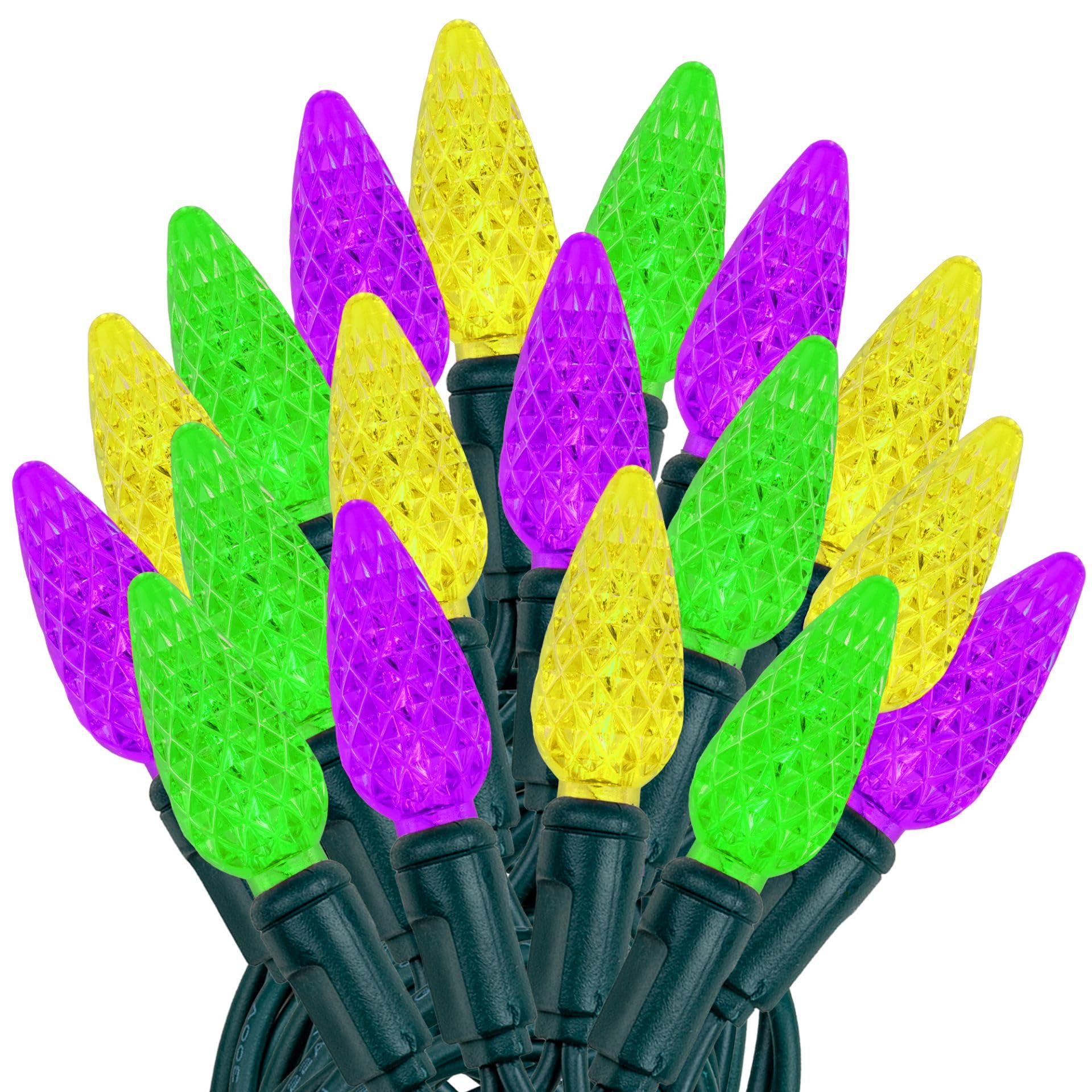 Novelty Lights 24FT 70 Light Purple Green and Yellow LED Mardi Gras Lights  C6 Bulbs  Connect up to 43 Sets  Indoor/Outdoor Use
